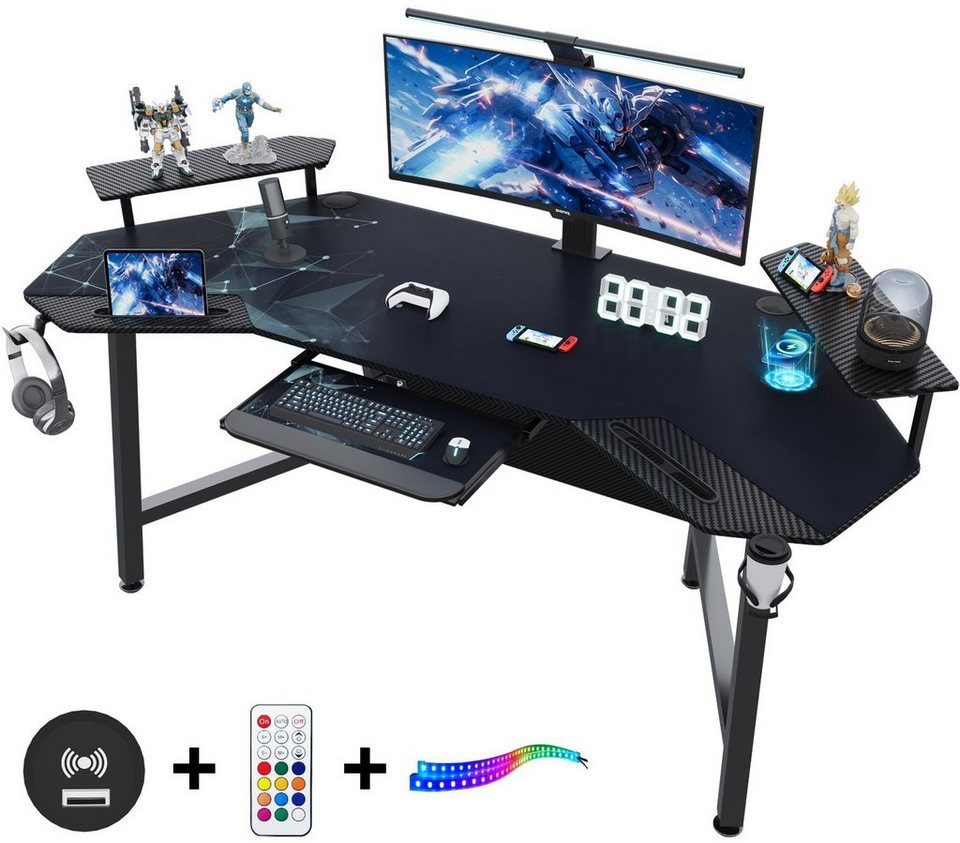 HOMALL Gamingtisch Gaming Tisch mit LED 180cm Computertisch mit  Tastaturablage