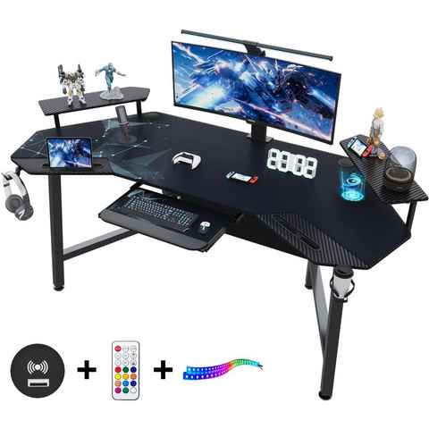 HOMALL Gamingtisch Gaming Tisch mit LED 180cm Computertisch mit Tastaturablage