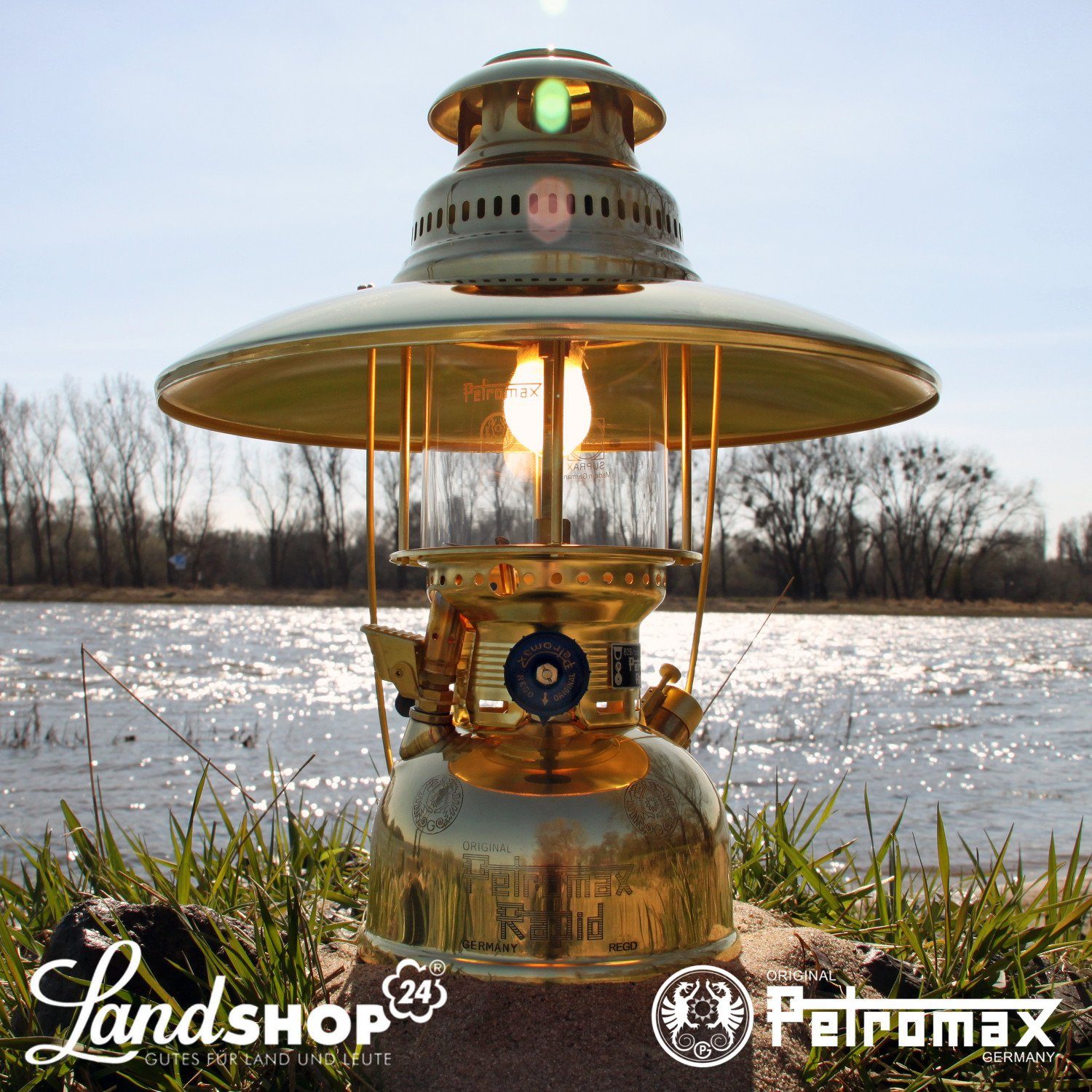 Petromax Außen-Tischleuchte Petromax HK500 Ausführung Messing poliert mit Schirm, Kaltweiß, Starklichtlampe