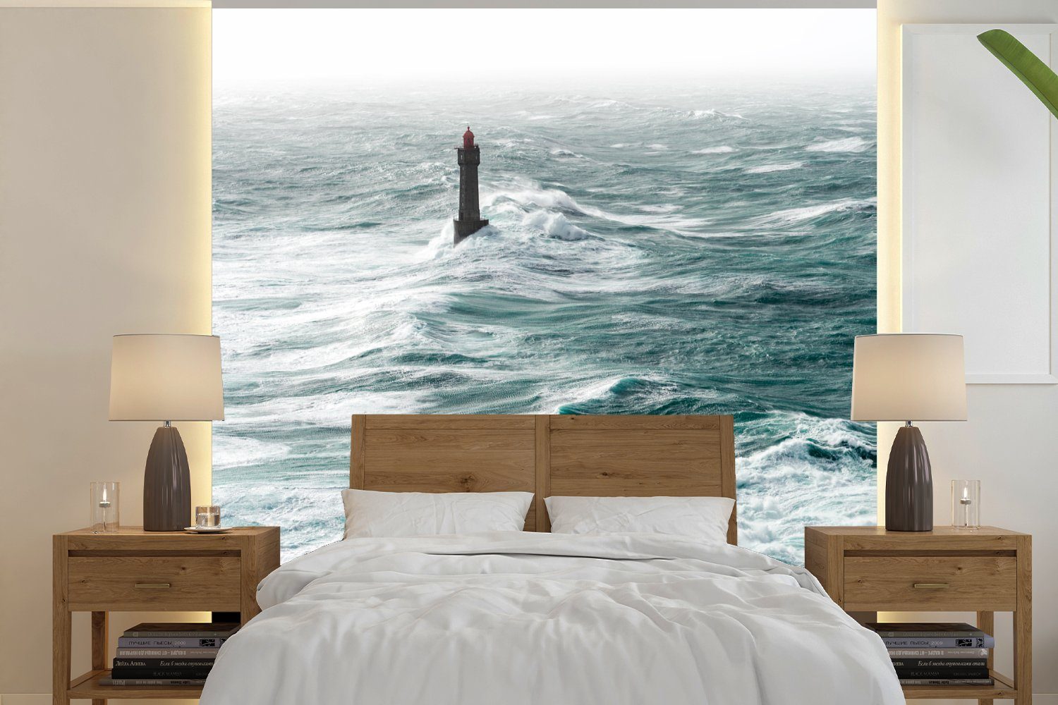 MuchoWow Fototapete Leuchtturm - Golf - Meer, Matt, bedruckt, (4 St), Vliestapete für Wohnzimmer Schlafzimmer Küche, Fototapete