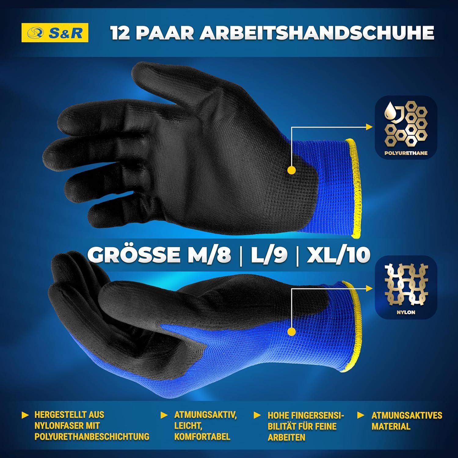 S&R Arbeitshandschuhe 12 Paar aus Nylonfaser mit Polyurethanbeschichtung (S günstig online kaufen
