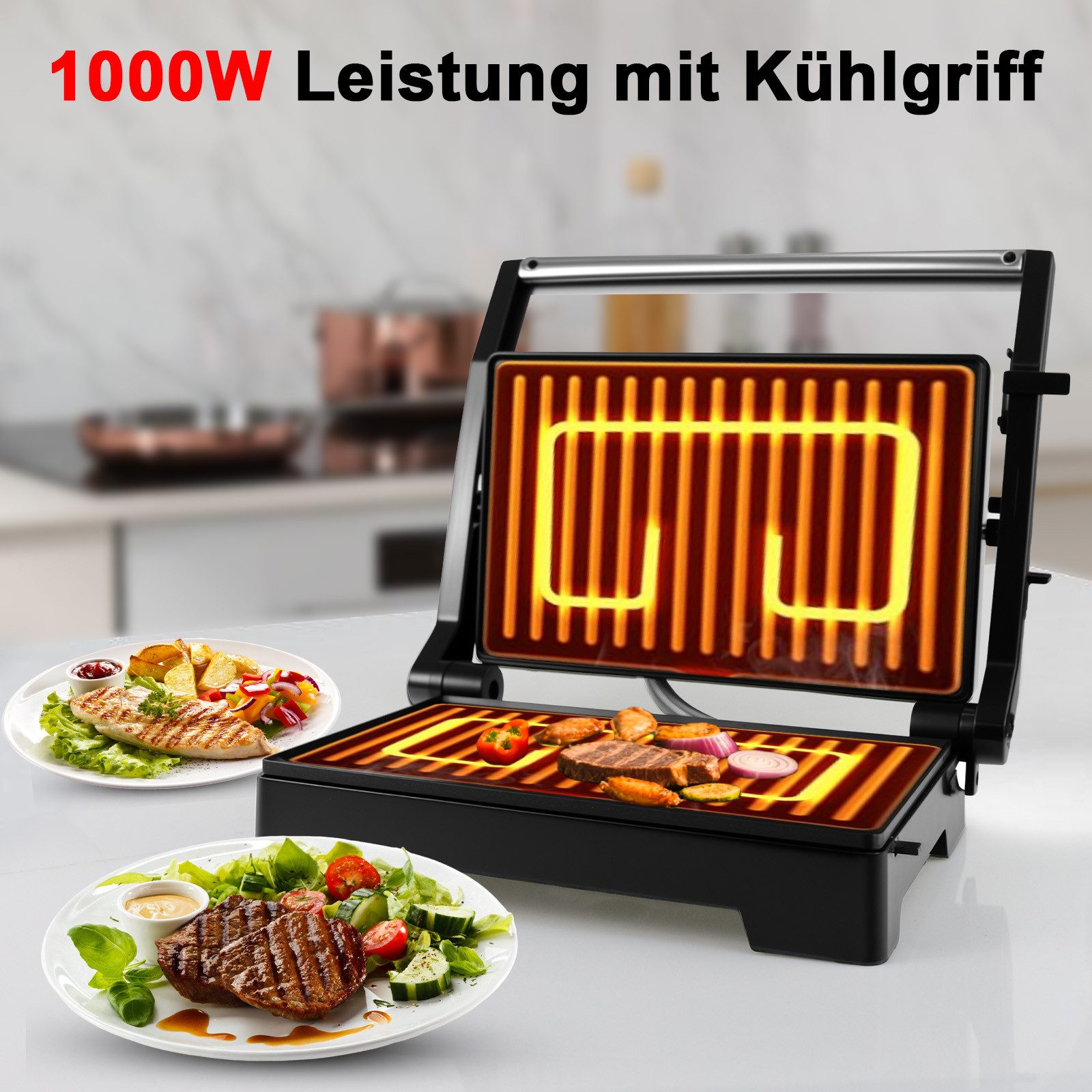 OZAVO Kontaktgrill Elektrogrill Tischgrill 1000W Panini Grill & Sandwich Maker geöffneter, 1000 W, Antihaftbeschichtet Elektrogrill leicht zu reinigen