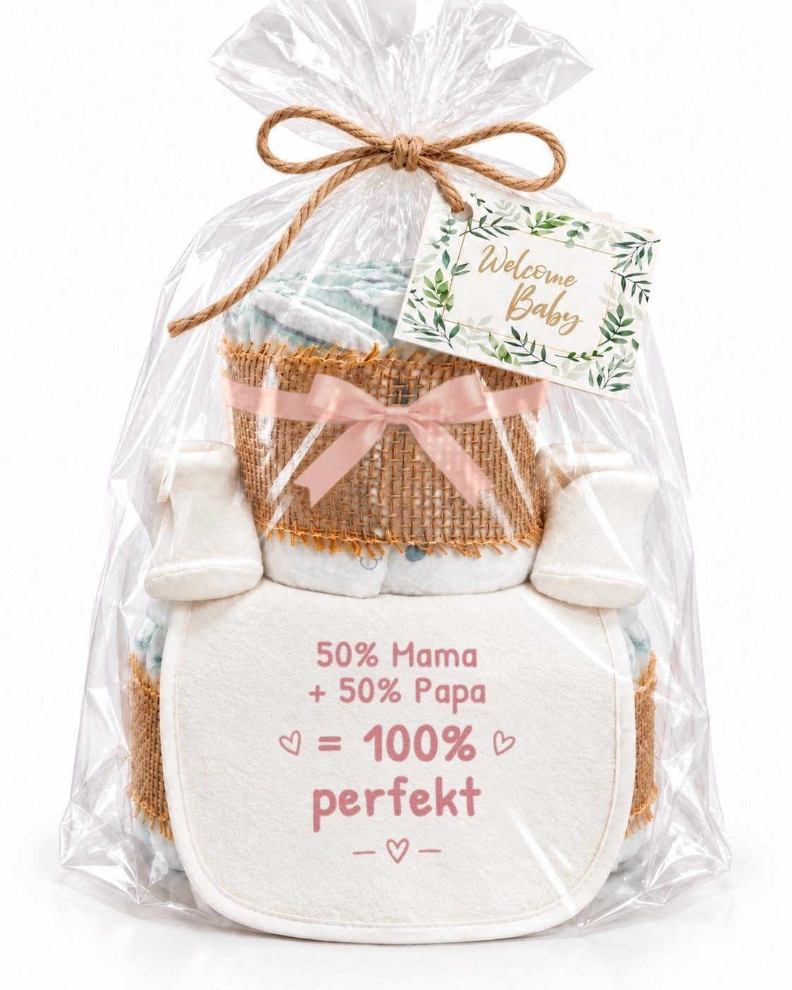 dubistda-WINDELTORTEN- Neugeborenen-Geschenkset Windeltorte „50% Mama + 50% Papa = 100% perfekt“ (Set, Windeltorte mit Lätzchen und Babysocken) handgemacht in Deutschland