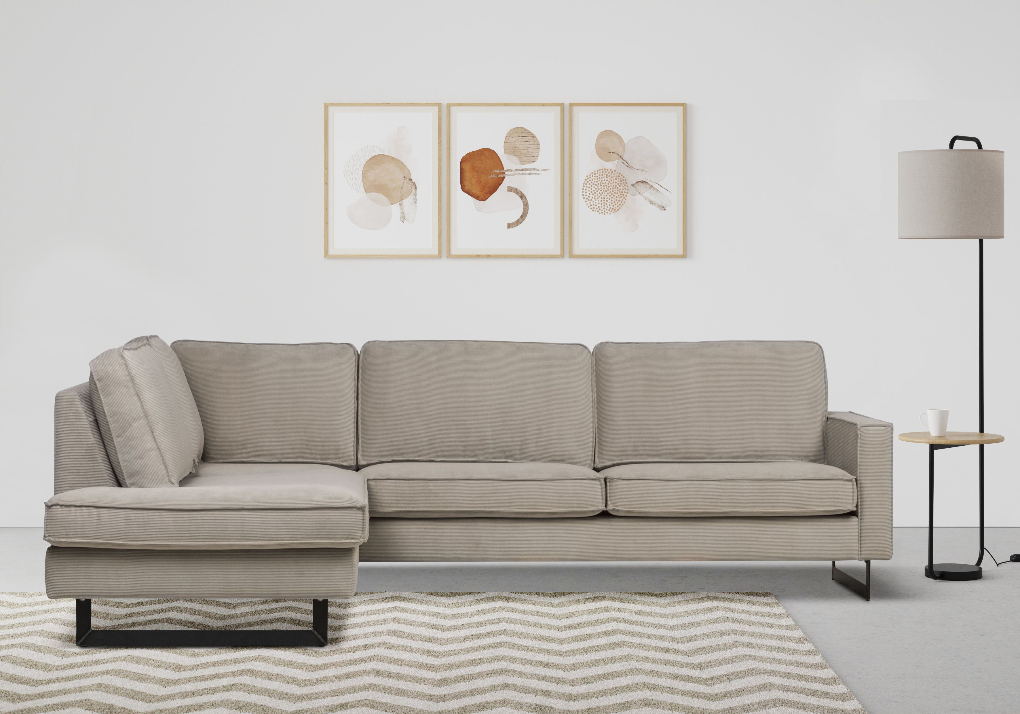 Home affaire Ecksofa Pinto, 290 cm, Cord, Chenille, Lederoptik, Ottomane links / rechts, mit Keder, schwarze Metallfüße, Wellenunterfederung
