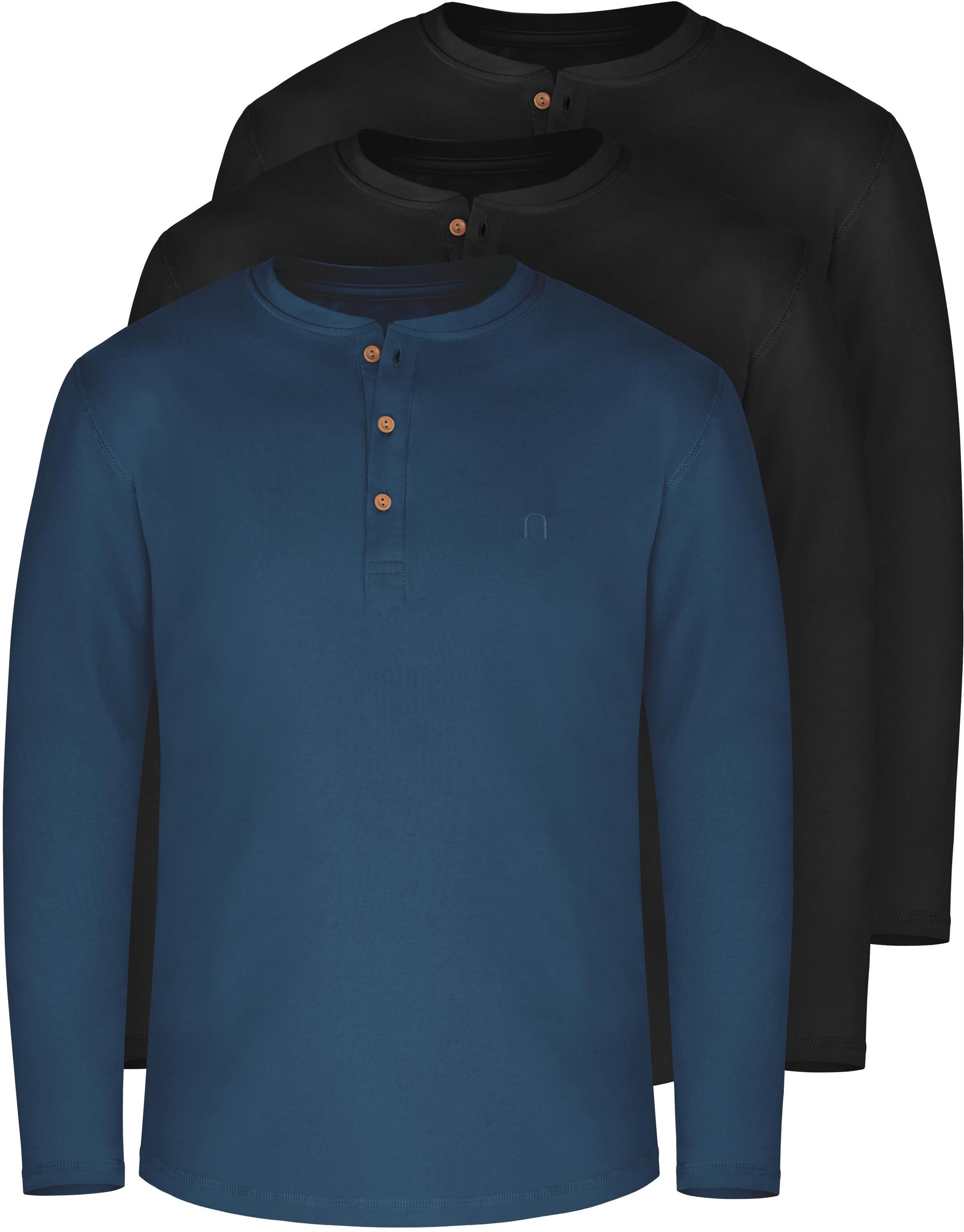 normani Langarmshirt 3er Set Herren Langarm Shirts aus Bio-Baumwolle Basic Henley Shirt für Männer GOTS-zertifiziert