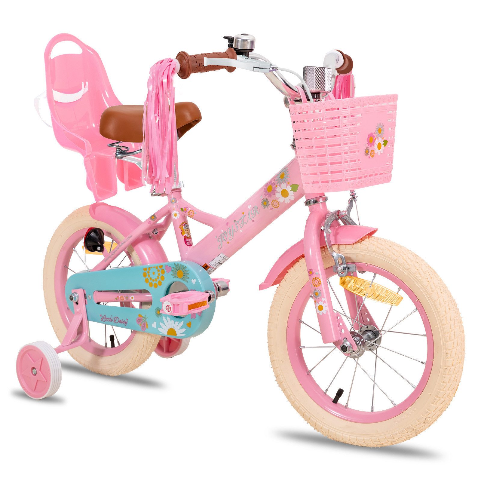 JOYSTAR Kinderfahrrad 12/14/16 Zoll fahrrad für 2-7 Jahre Mädchen, Geschenk für Prinzessin, Mit Puppensitz, Bändern, Stützrädern, Korb, süßen Kritzeleien