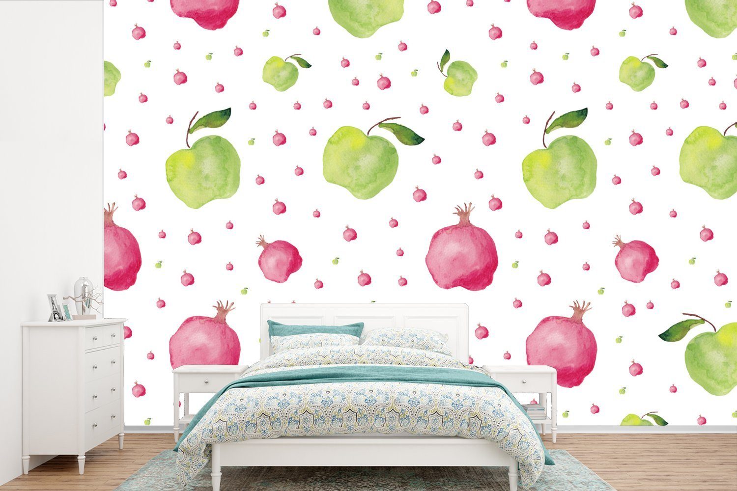 MuchoWow Fototapete Apfel - Granatapfel - Vorlagen, Matt, bedruckt, (6 St), Wallpaper für Wohnzimmer, Schlafzimmer, Kinderzimmer, Vinyl Tapete