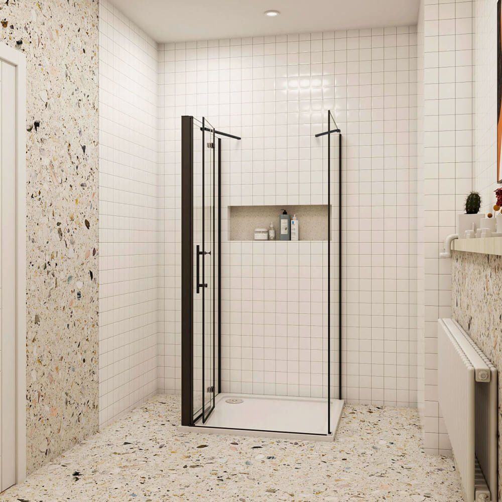 Duschspa Complete Shower Enclosure 195cm Black U-Shape Shower Enclosure Shower Door Folding Door Hinged Door, WxD: 120x90 cm, Single Tempered Safety Glass, Safety Glass, Set, Suitable for Floor-Level Installation