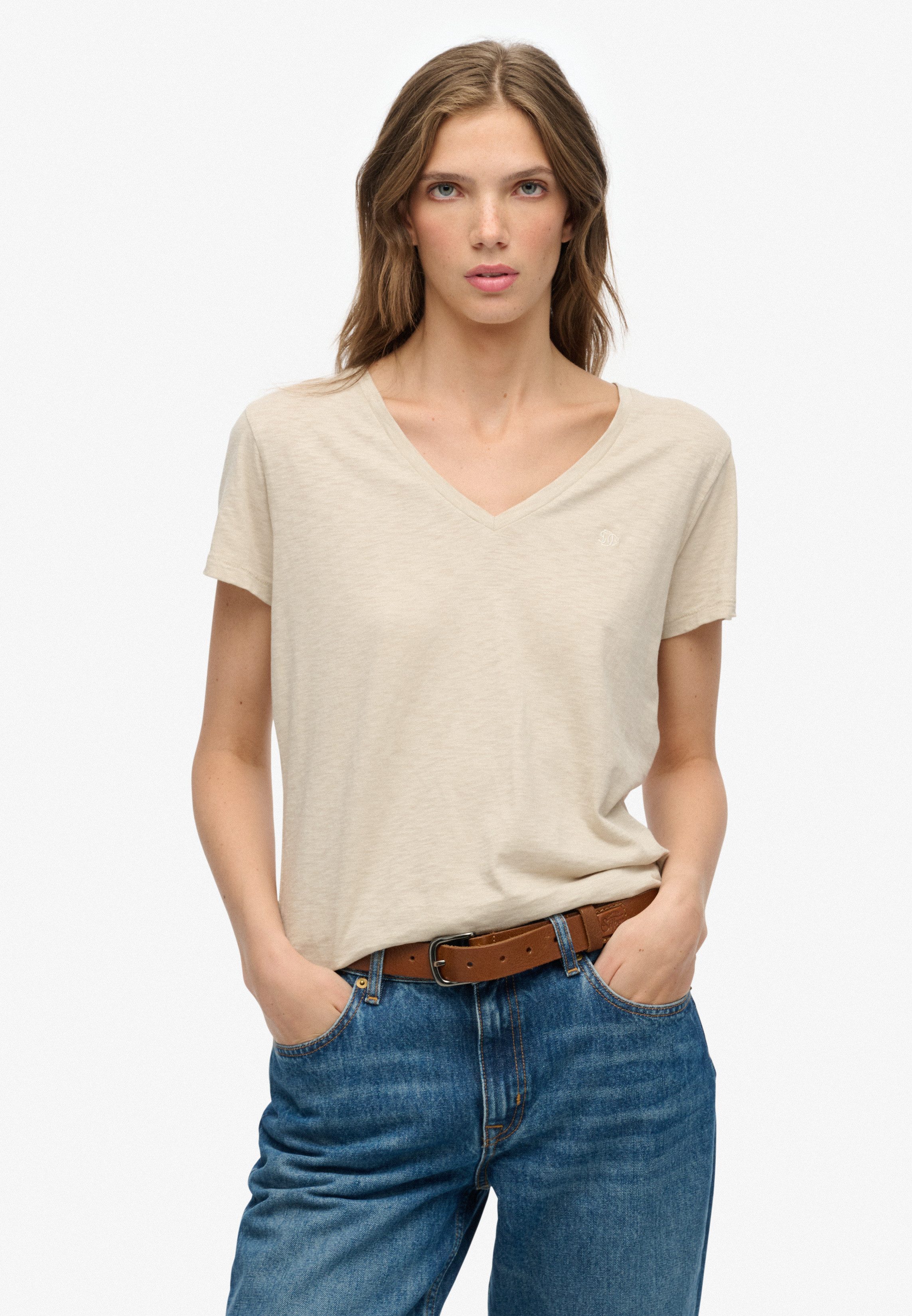 Superdry T-Shirt STUDIOS SLUB EMB VEE TEE Baumwollmischung, relaxed fit