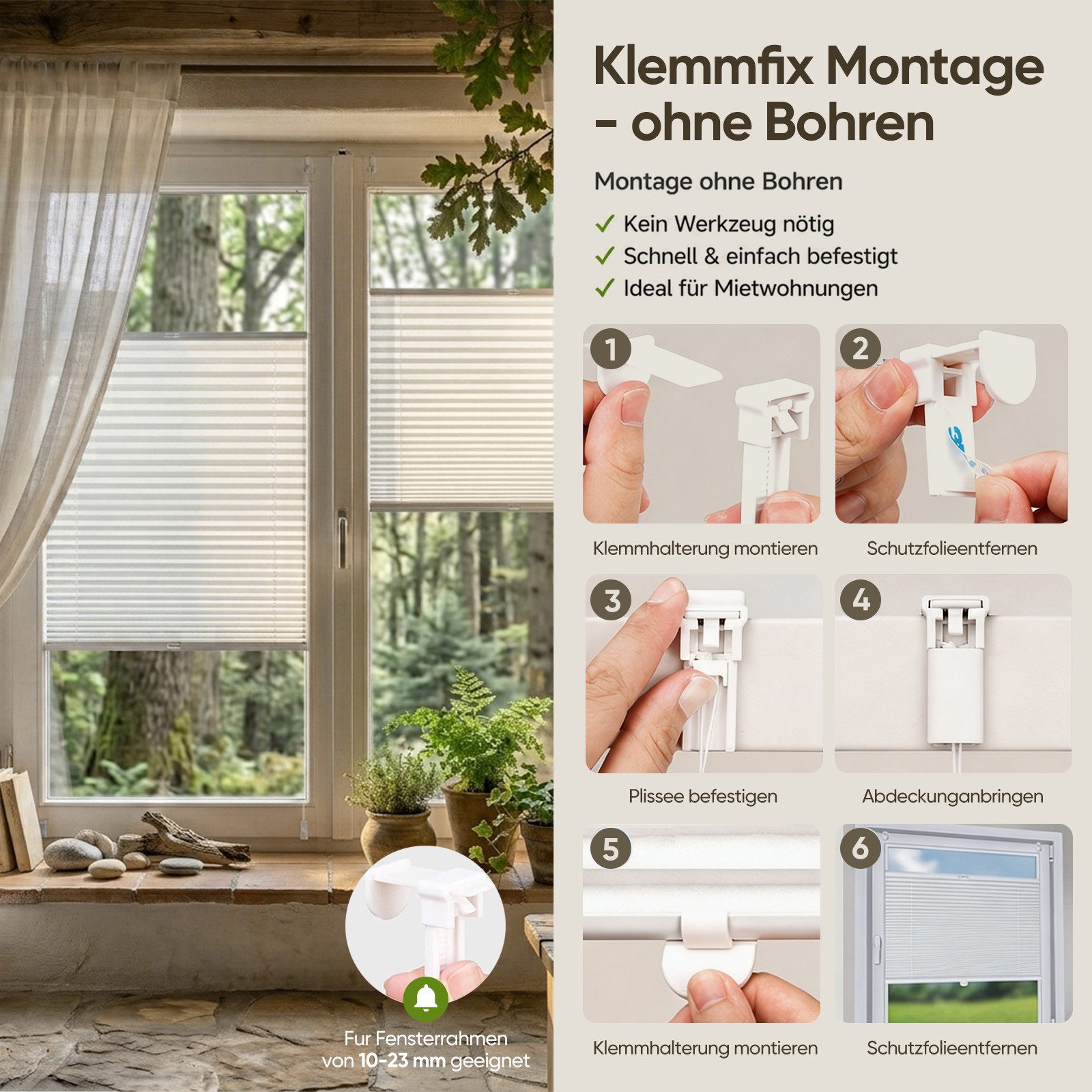 Sekey Plissee Plissee ohne Bohren Klemmfix verspannt für Fenster & Tür Lichtschutz, blickdicht, Klemmfix Montage ohne Bohren, Klemmfix, Faltenstore Klemmfix Lichtschutz und Sichtschutz 45x120cm Weiß