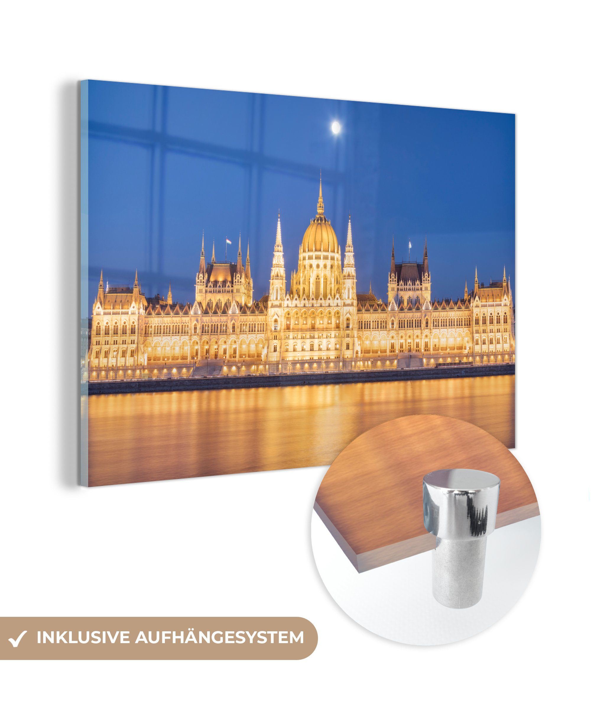 MuchoWow Acrylglasbild Ungarisches Parlamentsgebäude und Donau in der Abenddämmerung, (1 St), Acrylglasbilder Wohnzimmer & Schlafzimmer