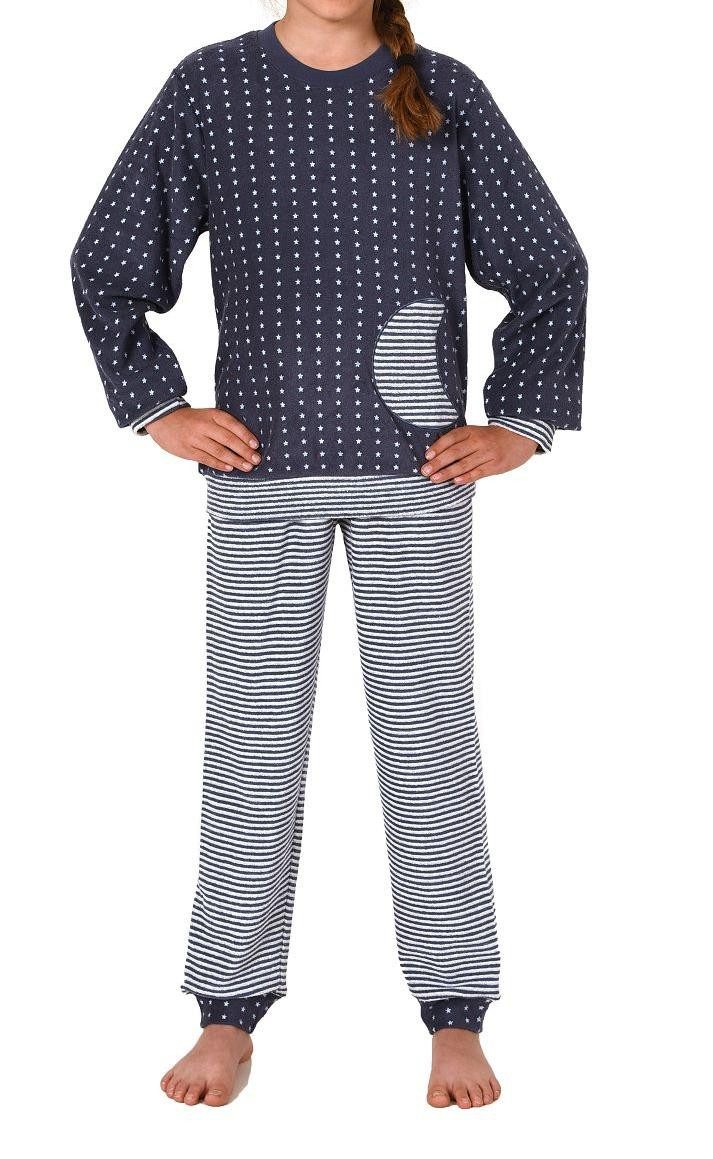 Normann Pyjama Mädchen Frottee Pyjama mit Bündchen, warmer Schlafanzug in Ringeloptik