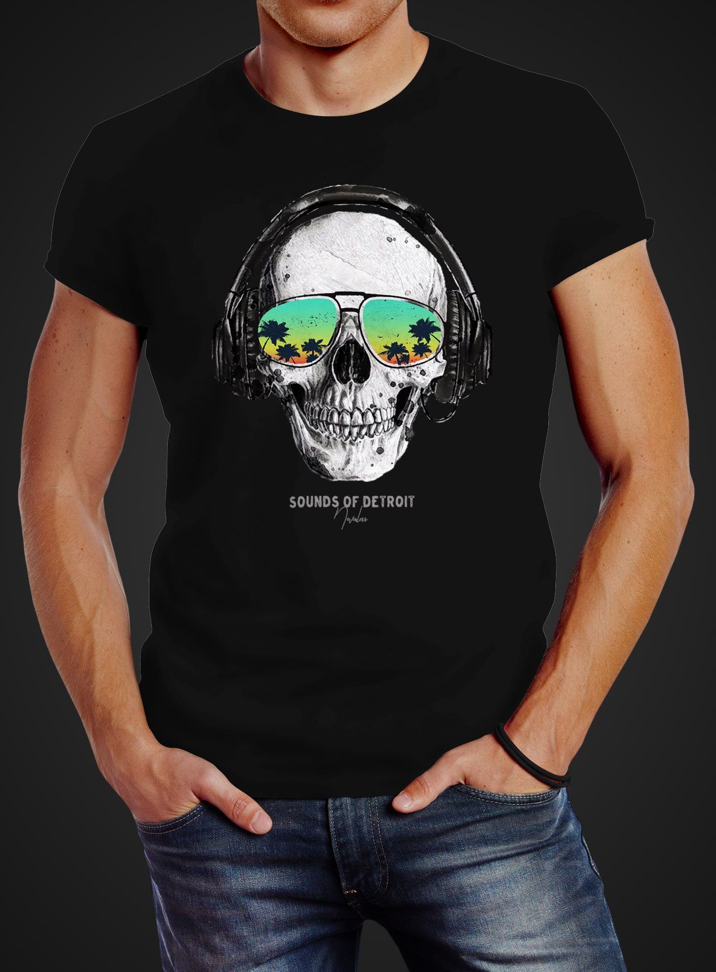 Musik Party Neverless® Skull Kopfhörer Slim Neverless Detroit Print-Shirt schwarz of Schädel Sonnenbrille Totenkopf Fit Music Sounds Herren T-Shirt Print mit