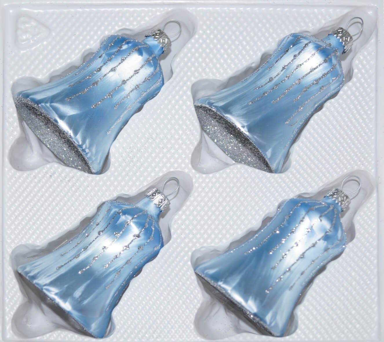 Navidacio Christbaumschmuck Glas-Glocken in Silber Blau Ice 4 Regen Set tlg