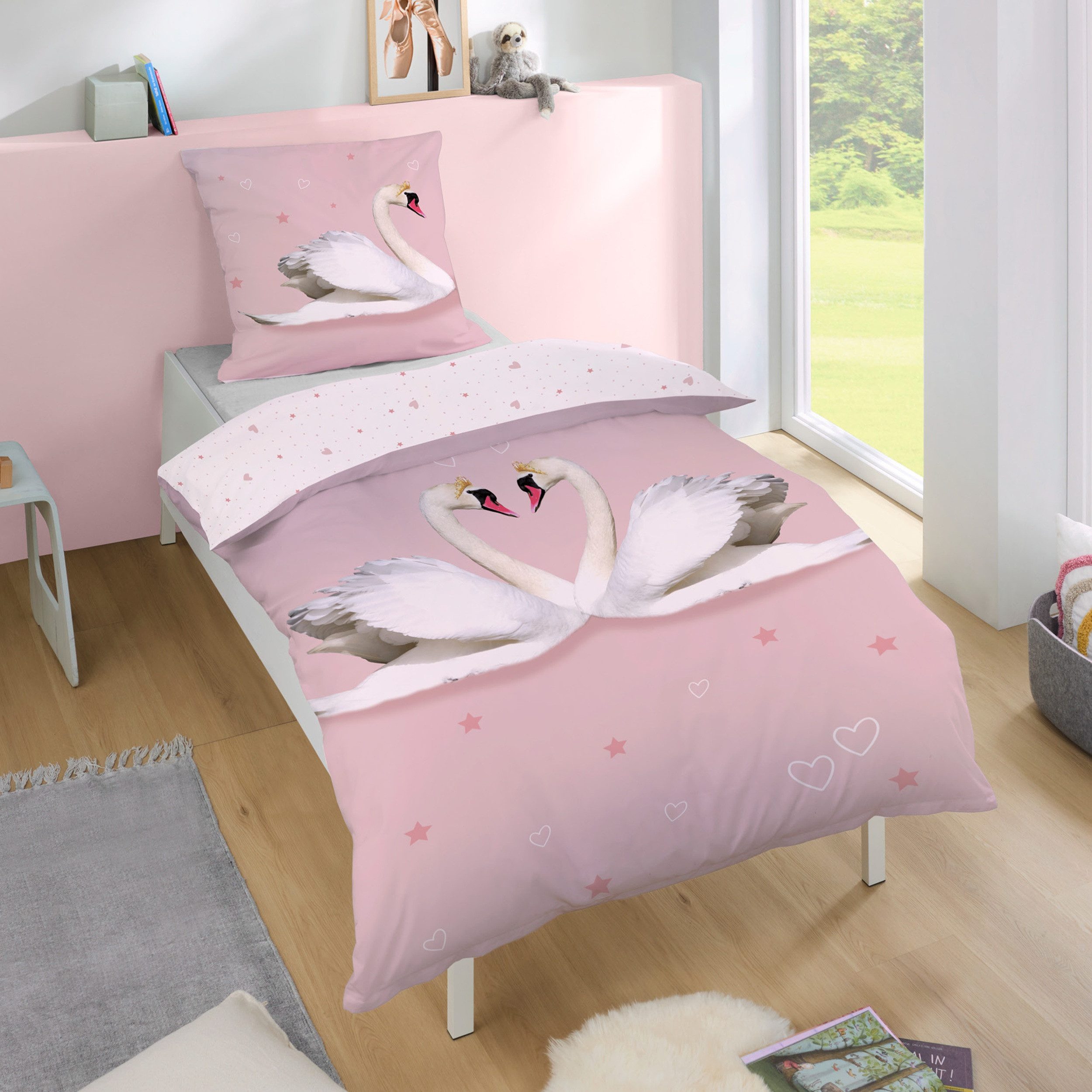Familando Partnerbettwäsche "Liebes Schwan" Set 4-teilig, 135x200 80x80 cm, Flanell, Reißverschlus, Biber, 4 teilig, Partner Bettwäsche verliebte Schwäne