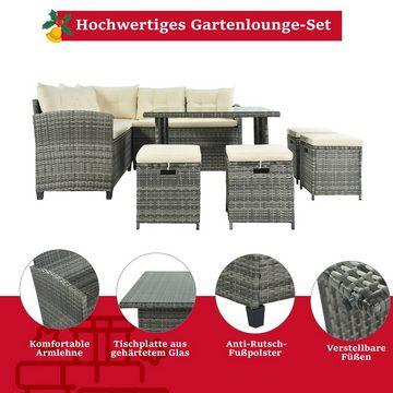 JOIVI Gartenlounge-Set Rattan Sitzgruppe 2xBänke,1 x Eckstuhl,1xGlastischplatte,4xHocker