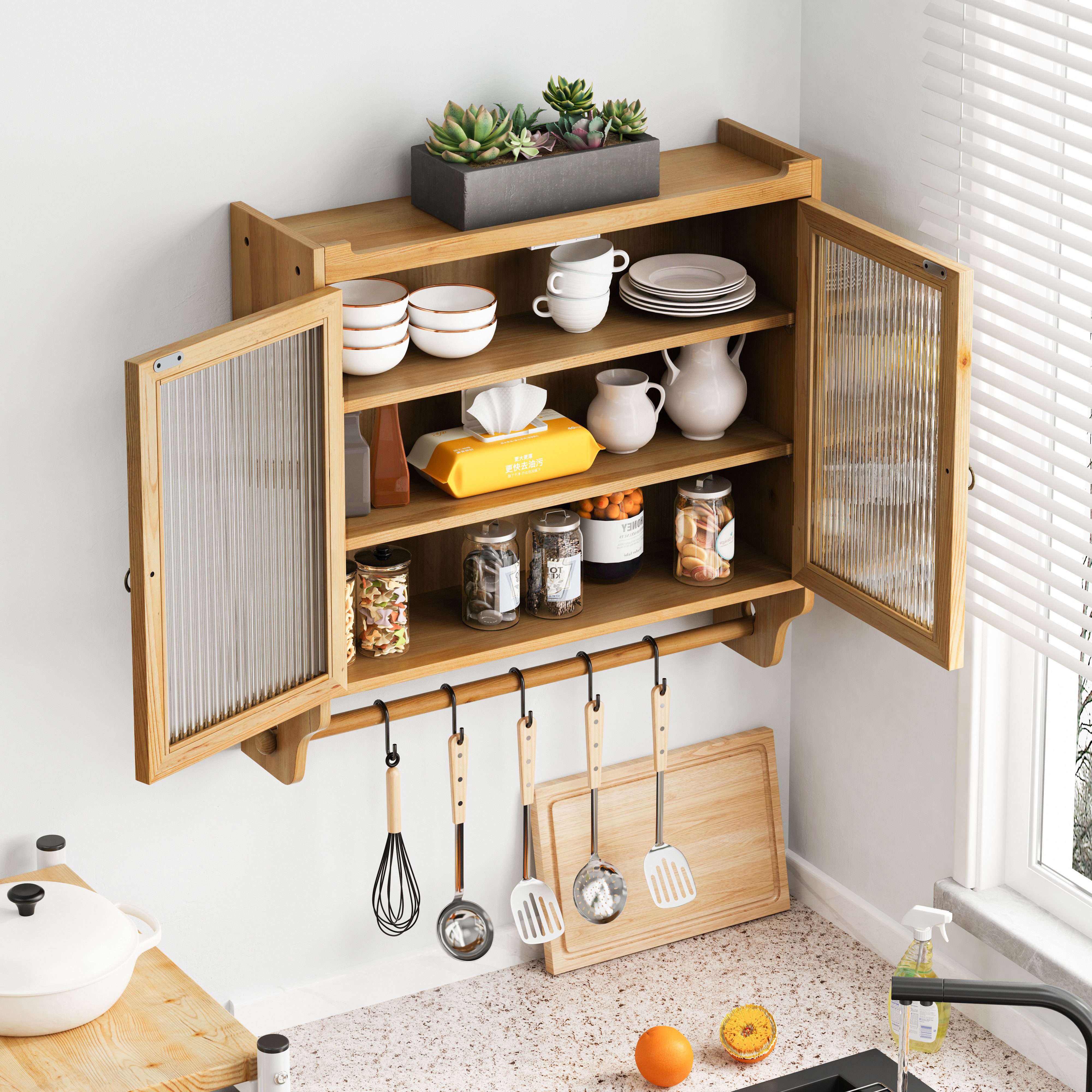 HAUSS SPOLE Hängeschrank 30cm Wandschrank Badezimmerschrank Küchenschrank mit Handtuchhalter (Vintage 63 cm Wandregal mit Doppelglastüren – 3 Stufiger Stauraum mit Handtuchhalter, Naturholz – Wandmontage für Badezimmer, Küche, Esszimmer – Stabil & Platzsparend) Gewichtskapazität: 5 kg pro Regal