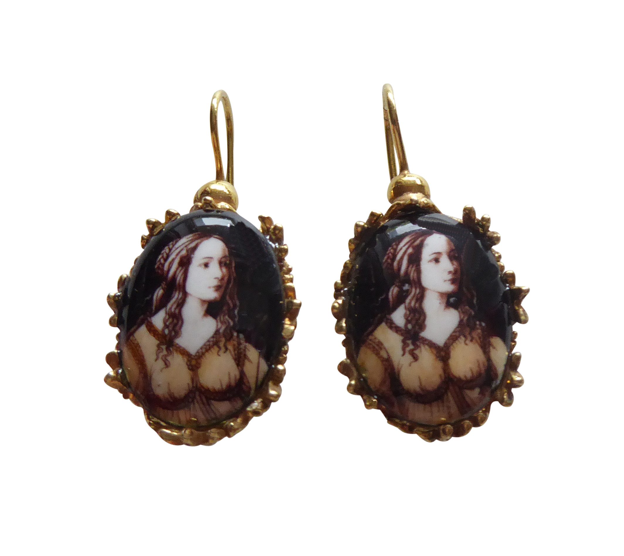Mugello Paar Ohrhänger Botticelli bemalte Keramik Antik-Stil ausgefallen edel Italien, Handarbeit aus kleiner florentinischen Manufaktur, Vintageschmuck
