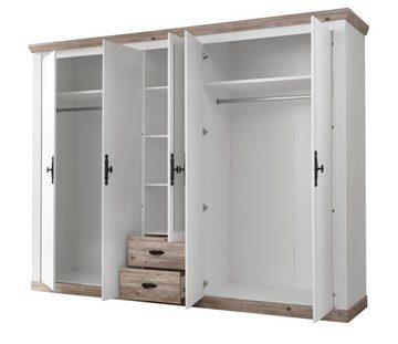 Furn.Design Kleiderschrank Rovola (5-türig in Pinie weiß Landhaus, 265 x 201 cm) mit 7 Wäschefächern und 2 Schubladen