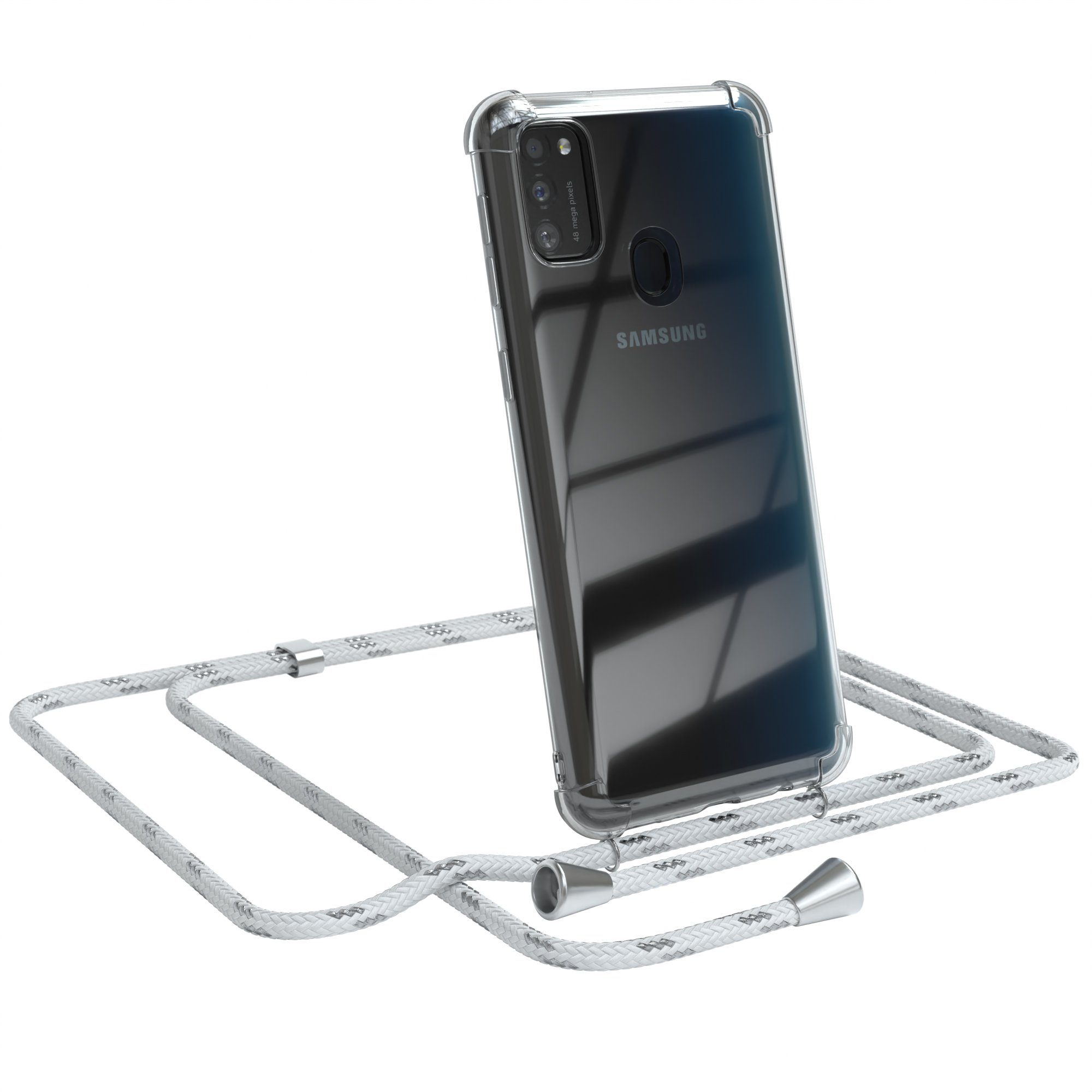 EAZY CASE Handykette Hülle mit Kette für Samsung Galaxy M30s / M21 6,4 Zoll, Hülle Smartphonekette für Unterwegs Festivalhülle Transparent Weiß