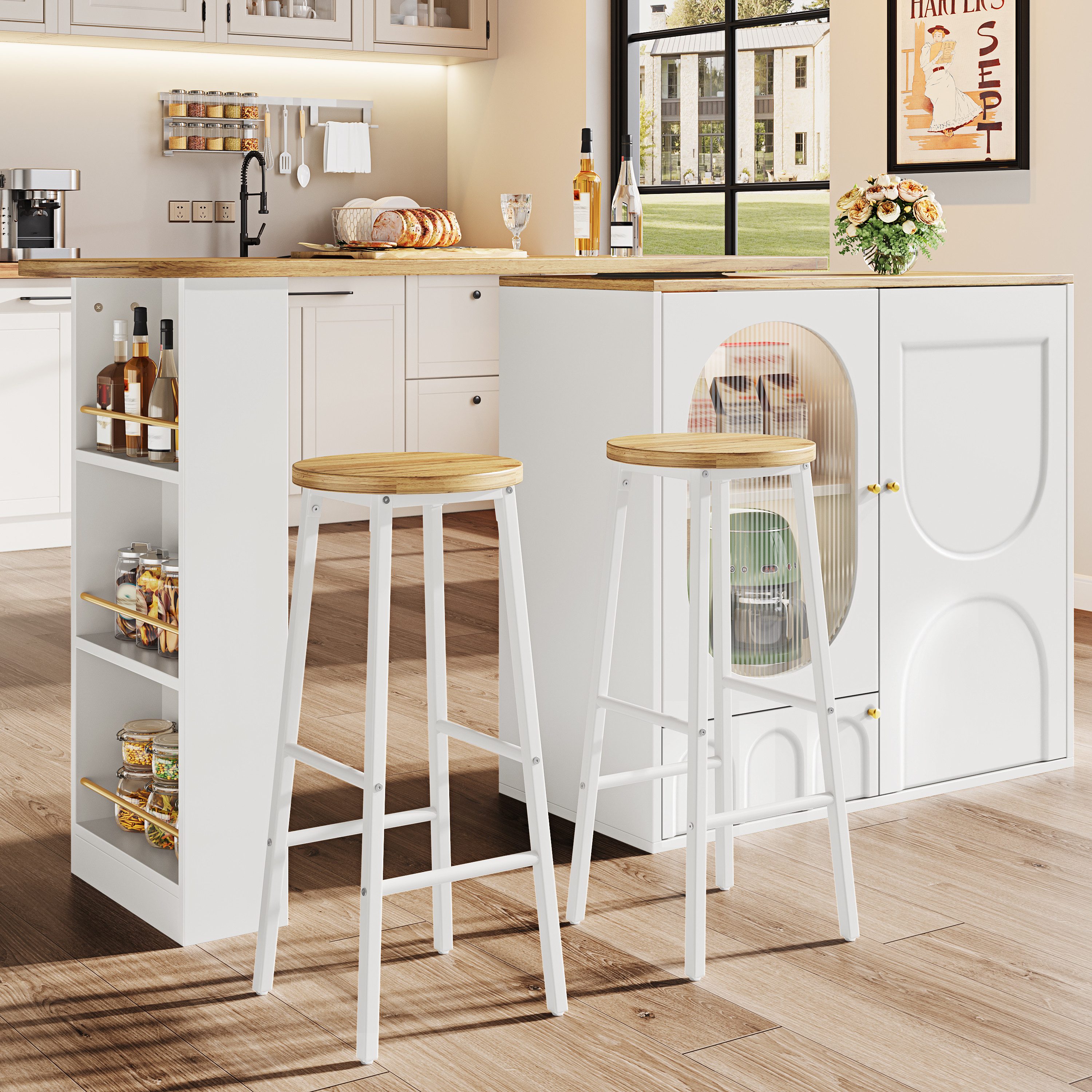 OKWISH Kücheninsel mit Stauraum, (2 Barhockern, weiß, Holzoptik, mit Glas-Schranktüren & verstellbaren Regalen)