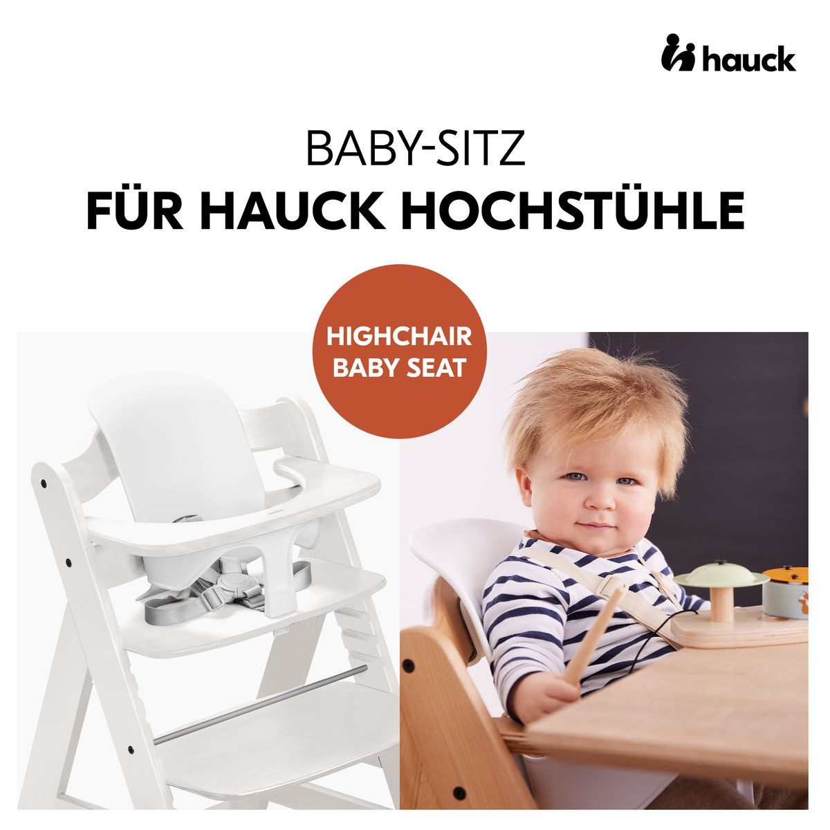 Hauck Hochstuhl Alpha Plus White (Set), Holz Baby Kinderhochstuhl mit Tablett Click Tray, Baby-Sitz & Sitzpad