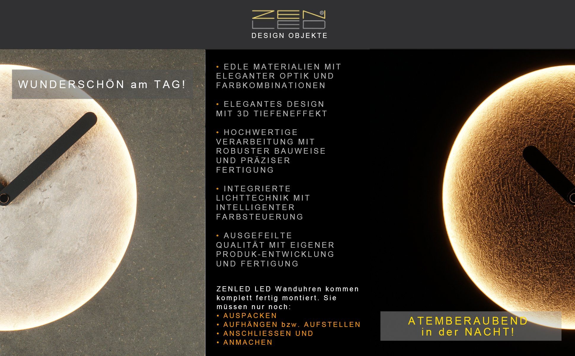 Wandobjekt Wanduhr ALU mit ZENLED Ø40cm warm-weiss Champagner-Optik Design 3D-Lichteffekt RUND (ausgeleuchtet - LUNA Deko Fernbedienung) Holz über steuerbaren mit Mond LEDs