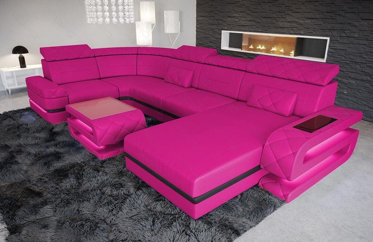 mit LED, Schlafsofa, Wohnlandschaft als Form Designersofa U Leder Ledersofa, Sofa mit Bettfunktion Couch, Sofa Bologna Dreams wahlweise