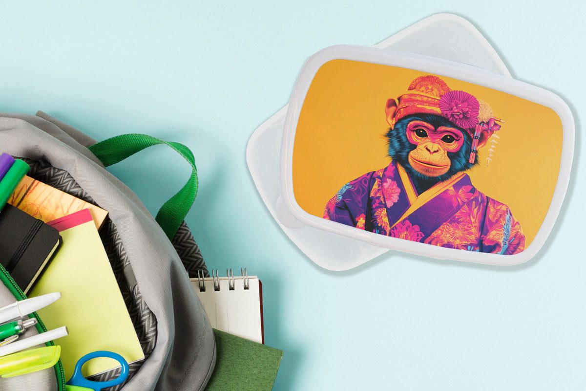 MuchoWow Lunchbox Affe - Kimono - Blumen - Kopfschmuck, Kunststoff, (2-tlg), Brotdose Schule oder Arbeit, Brotbox für Kinder und Erwachsene