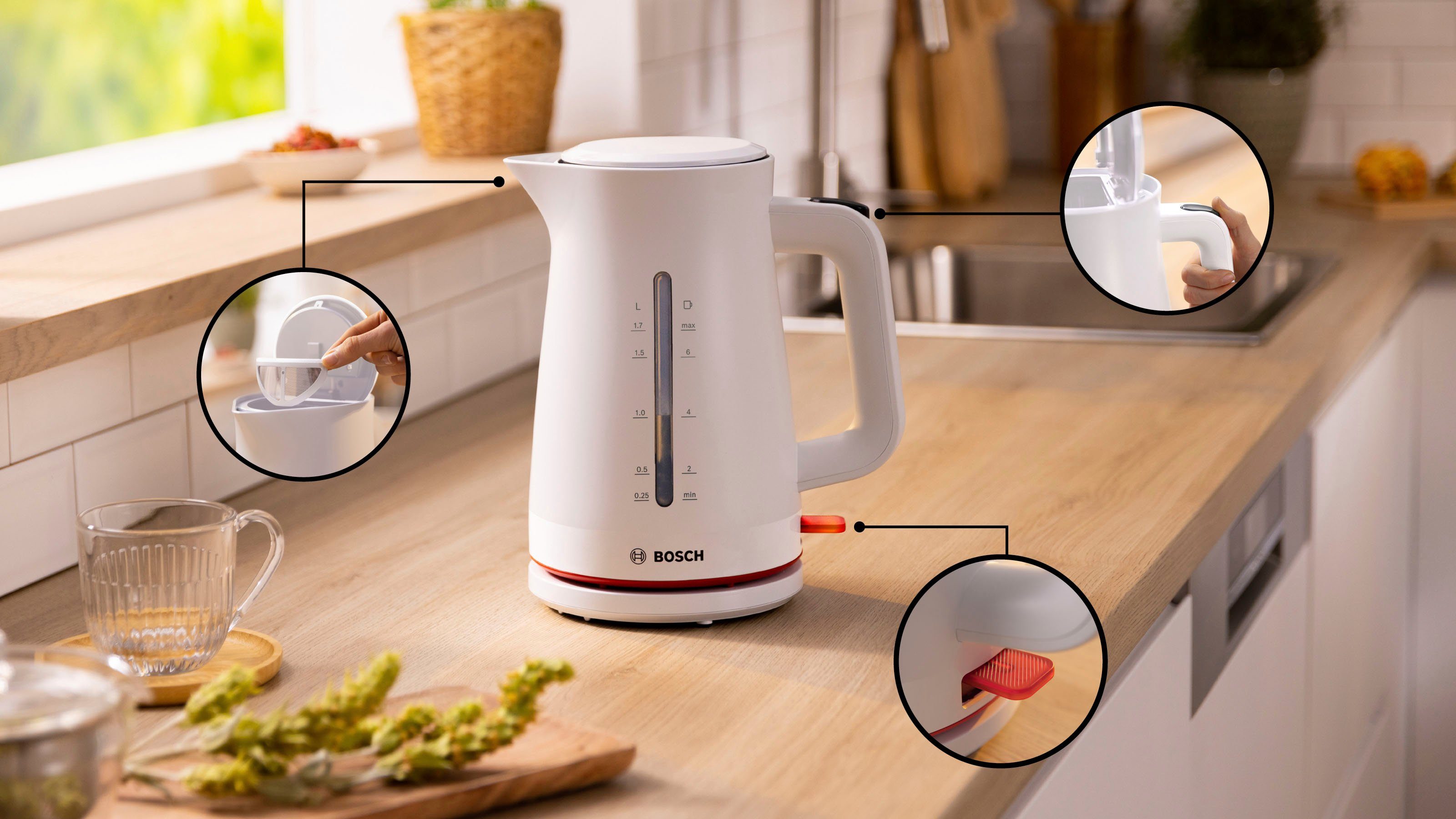 BOSCH Wasserkocher MyMoment TWK3M121, 1,7 l, 2400 W, Abschaltautomatik, Tassenanzeige, beidseitige Wasserstandsanzeige