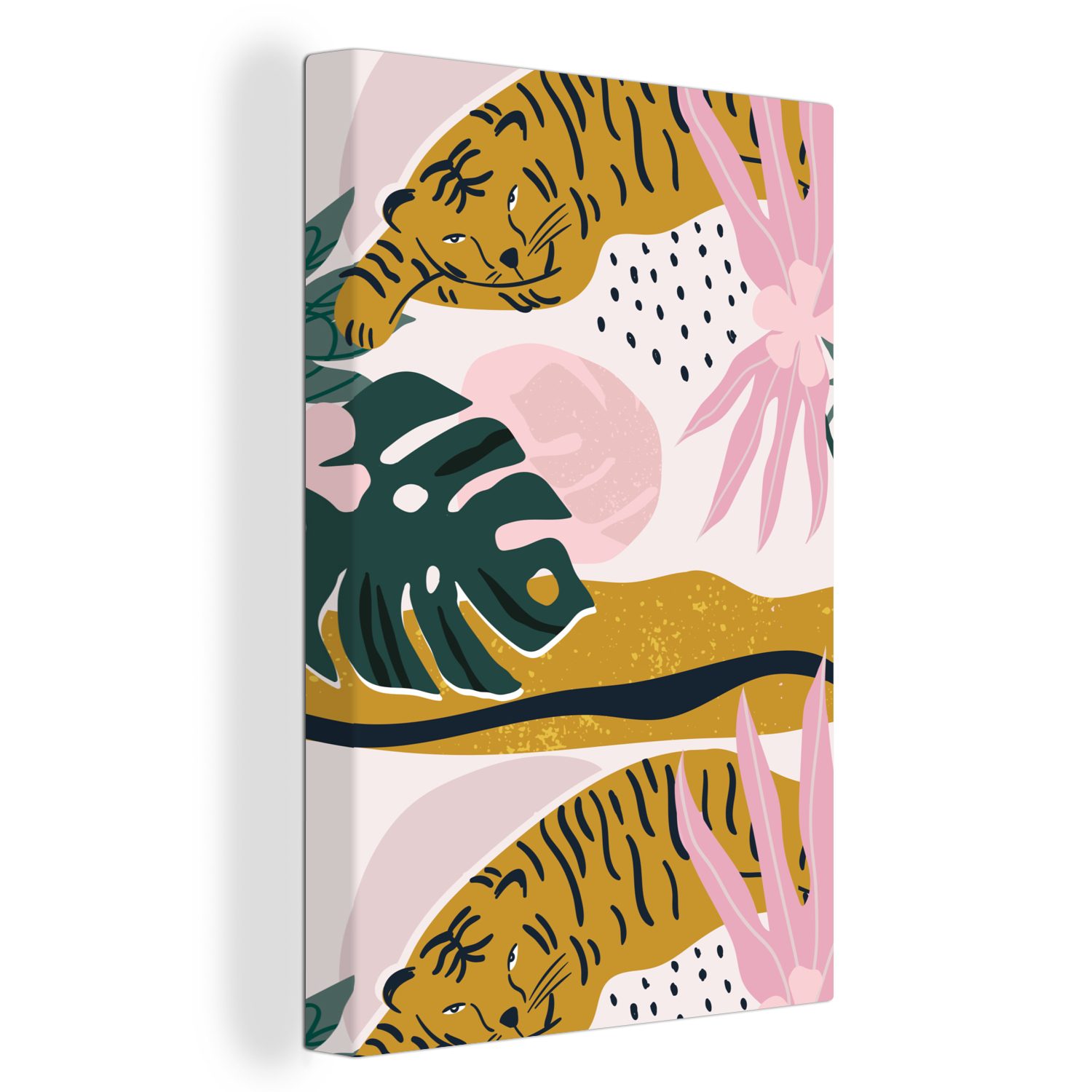 OneMillionCanvasses® Leinwandbild Tiger - Blätter - Dschungel - Muster, (1 St), Leinwandbild fertig bespannt inkl. Zackenaufhänger, Gemälde, 20x30 cm