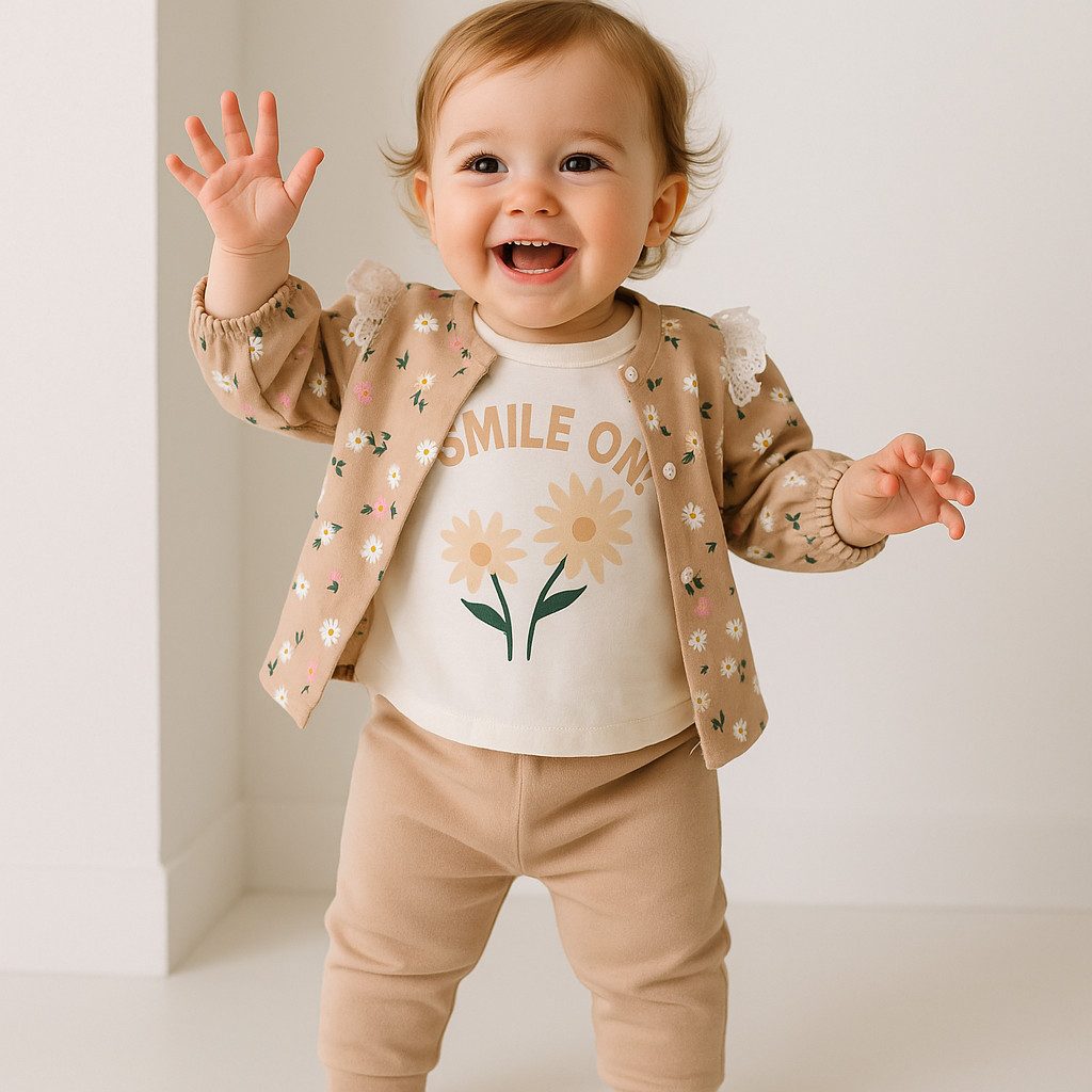 Shirt, Hose & Jäckchen Mädchen Outfit, 3er Set, Langarmshirt, Hose, Jacke, Beige