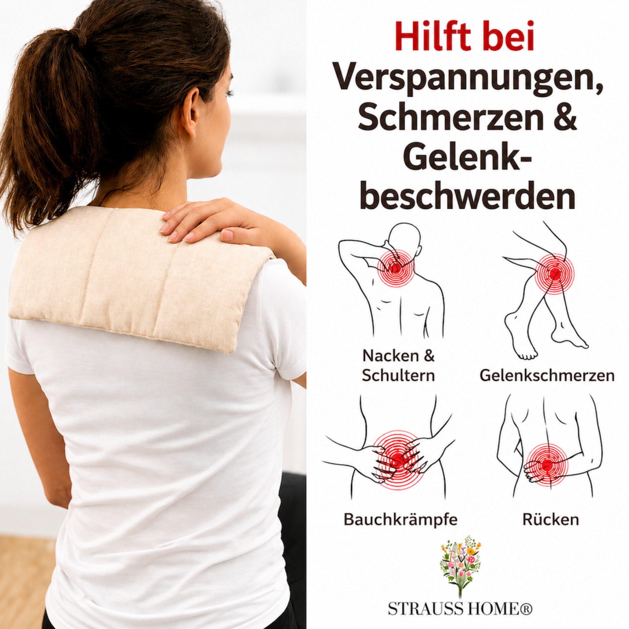 Strauss Home Wärmekissen Körnerkissen Groß– Mikrowellengeeignet natürliche Weizenkörner, (1-tlg), gegen Verspannungen im Nacken uvm. - Abnehmbarer Bezug