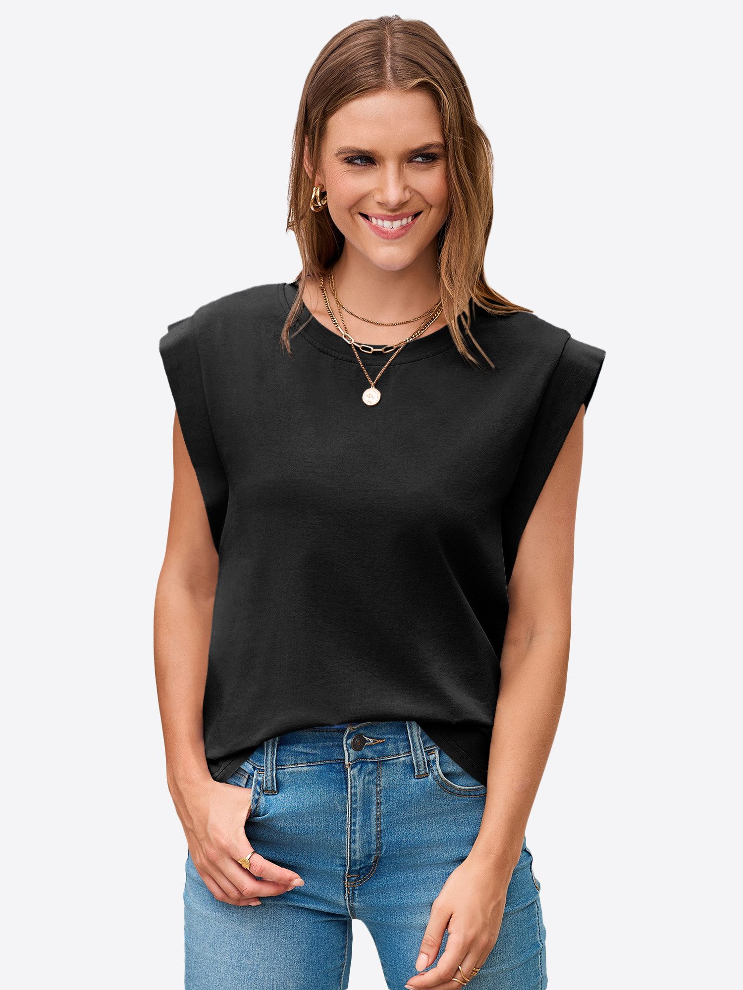 Imily Bela T-Shirt Damen Kurzarm Rundhalsausschnitt Basic Cap Sleeve (Packung, 1-tlg., 1per-Pack) in Unifarbe