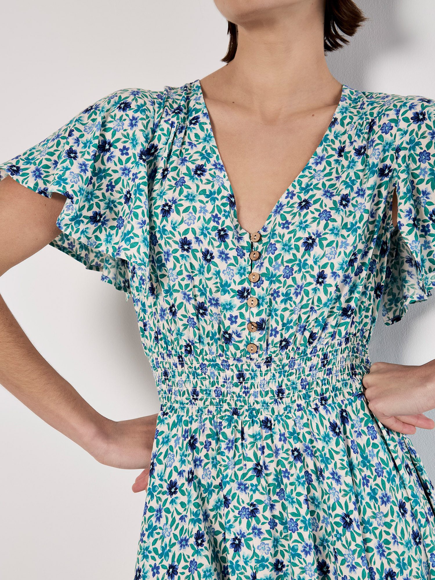 Apricot Midikleid Gesmoktes Minikleid mit Zacken mit Flügelarmen