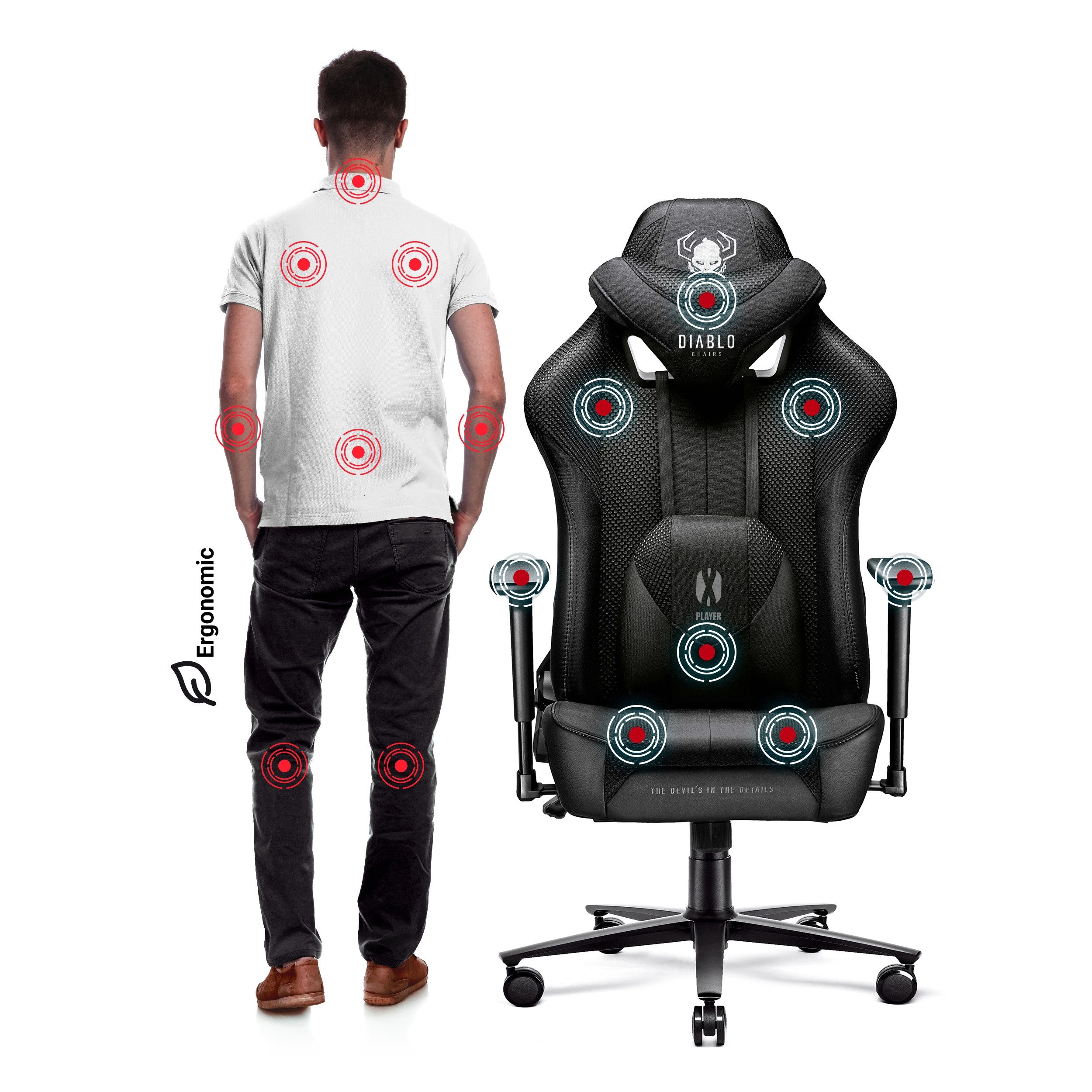 DIABLO CHAIRS Gaming-Stuhl X-Player 2.0 Stoff ergonomisch Honeycomb TiltTech 3D-Armlehnen (TiltTech System, Honeycomb, 3D-Armlehnen, 3 Größen: S/L/XL), Kopfstüt – Bild 4 von 5