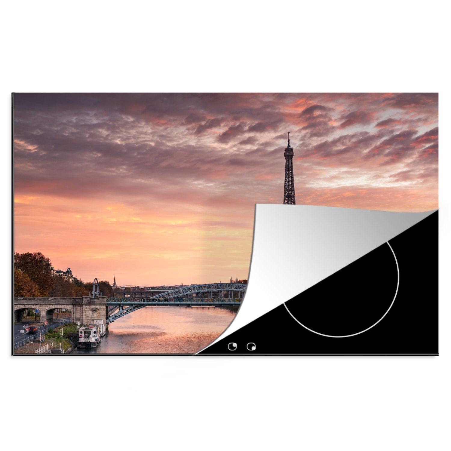 MuchoWow Herdblende-/Abdeckplatte Paris - Eiffelturm - Brücke, Vinyl, (1 tlg), 81x52 cm, Induktionskochfeld Schutz für die küche, Ceranfeldabdeckung