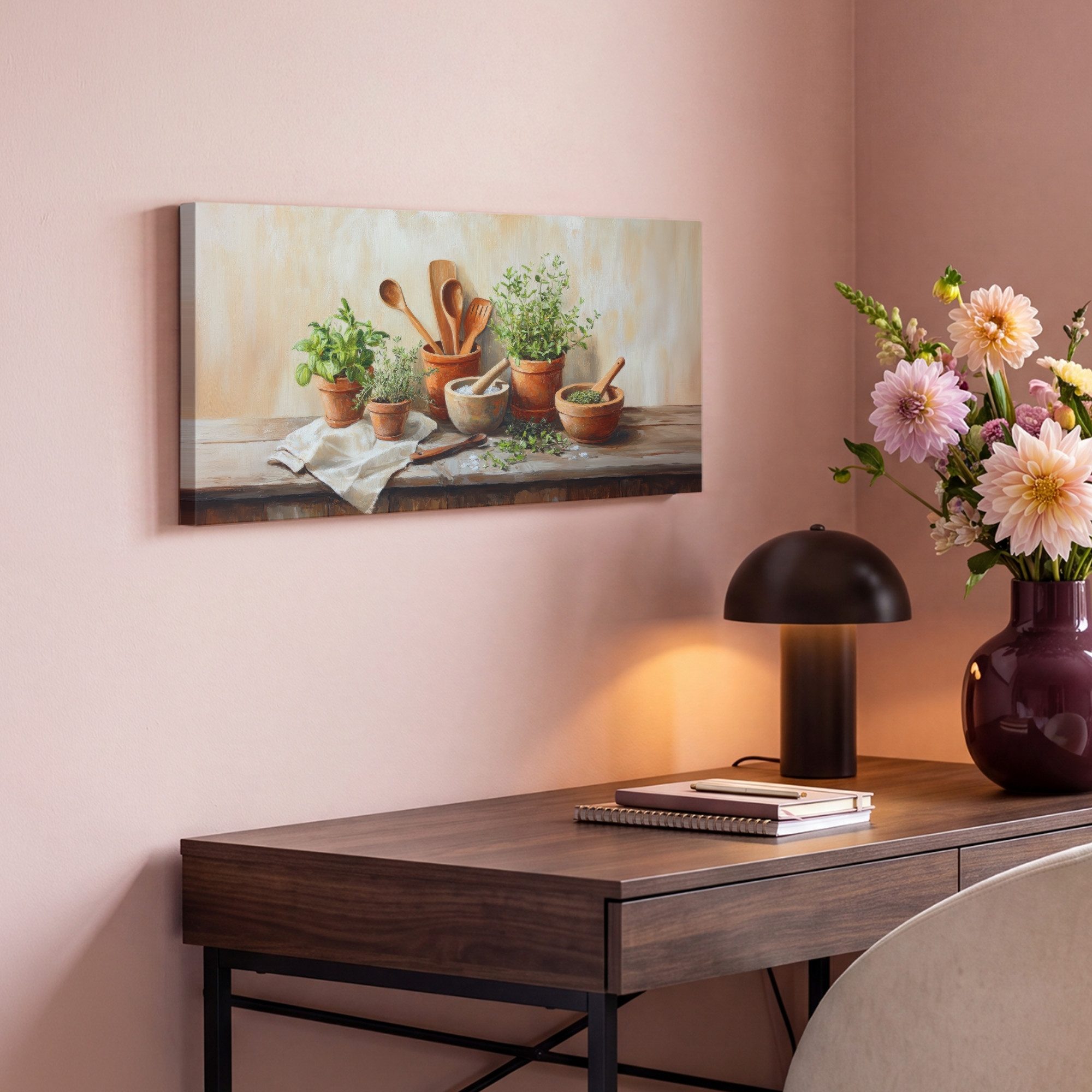 OneMillionCanvasses® Leinwandbild Panorama Töpfe - Kräuter - Holz, Fotodruck (1 St), Wandbild, Deko Schlafzimmer Wohnzimmer Flur 40x20 cm – Bild 4 von 5