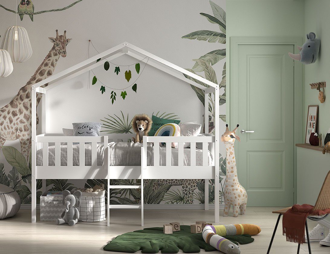 Vipack Hausbett Kiefer massiv weiß lackiert, Made in Europe, stabil gebaut (B/H/T ca. 213x201,8cm, wahlweise mit und ohne Rutsche), mit Leiter, offenem Dach, Rolllattenrost und Absturzschutz