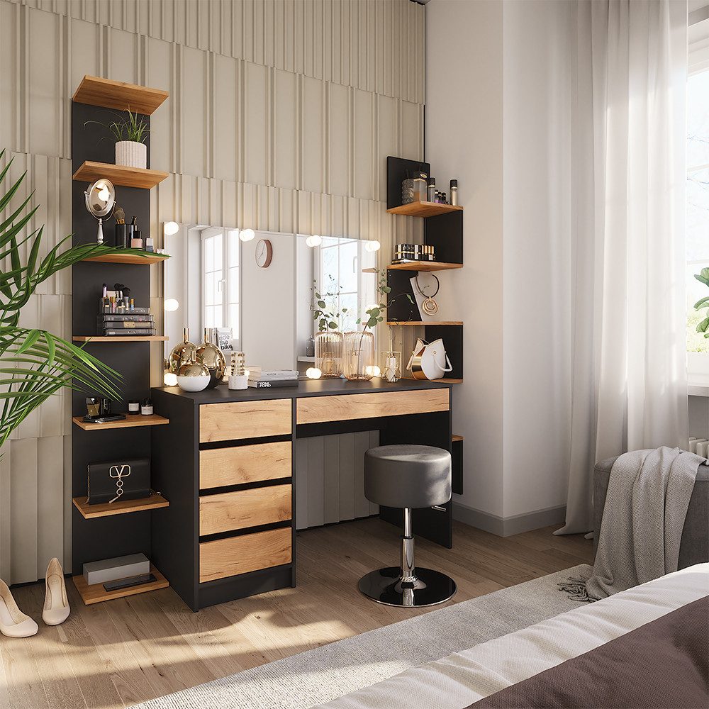 Vicco Schminktisch Sherry, Anthrazit/Goldkraft Eiche, 120 x 75 cm mit LED-Beleuchtung ... (2-St)
