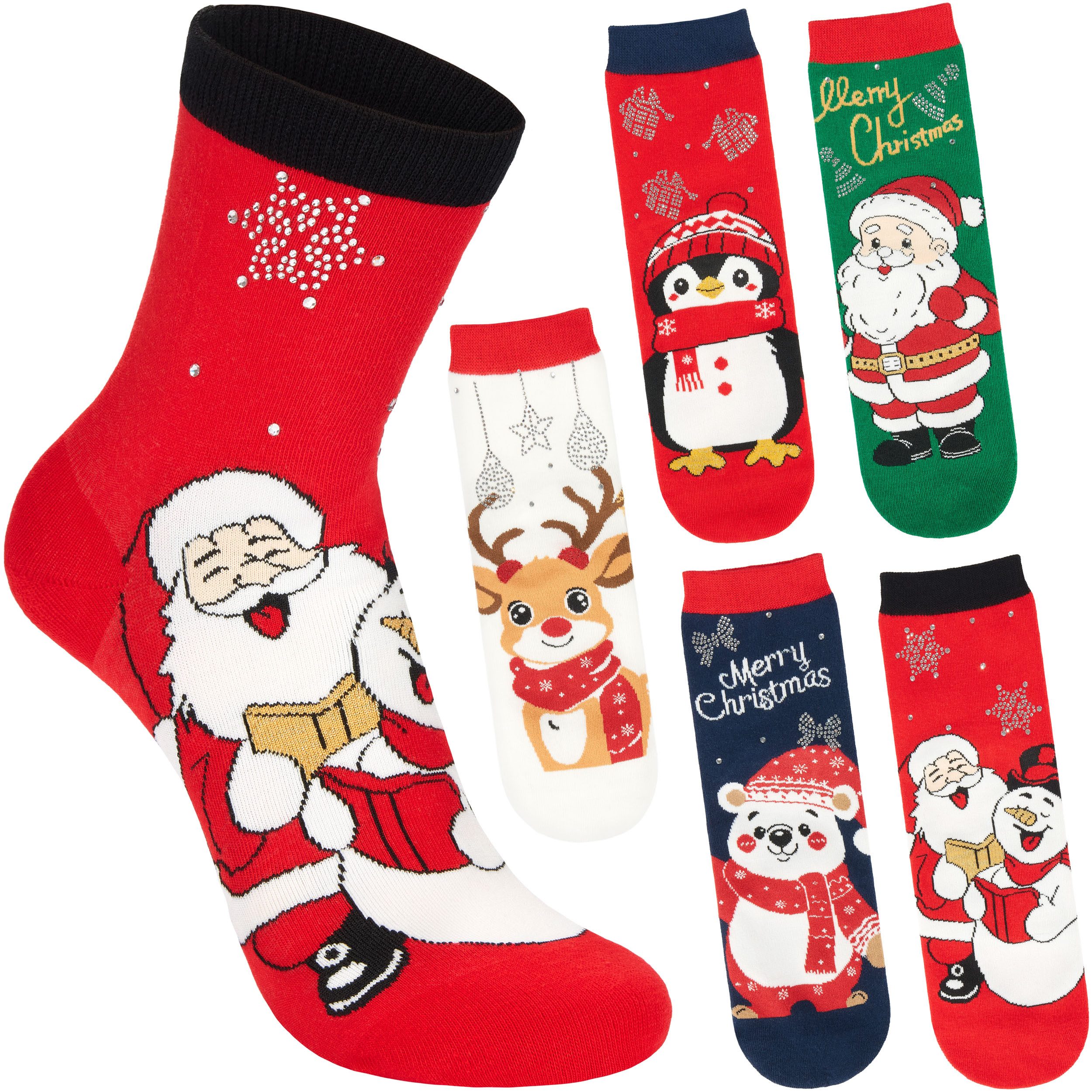 BRUBAKER Socken Damen Weihnachtssocken - Weihnachtsmann, Schneemann, Pinguin & Bär (Geschenkset für Frauen, 5-Paar, Lustige Socken für Nikolaus & Weihnachten) Buntes Winter Sockenset mit Baumwolle