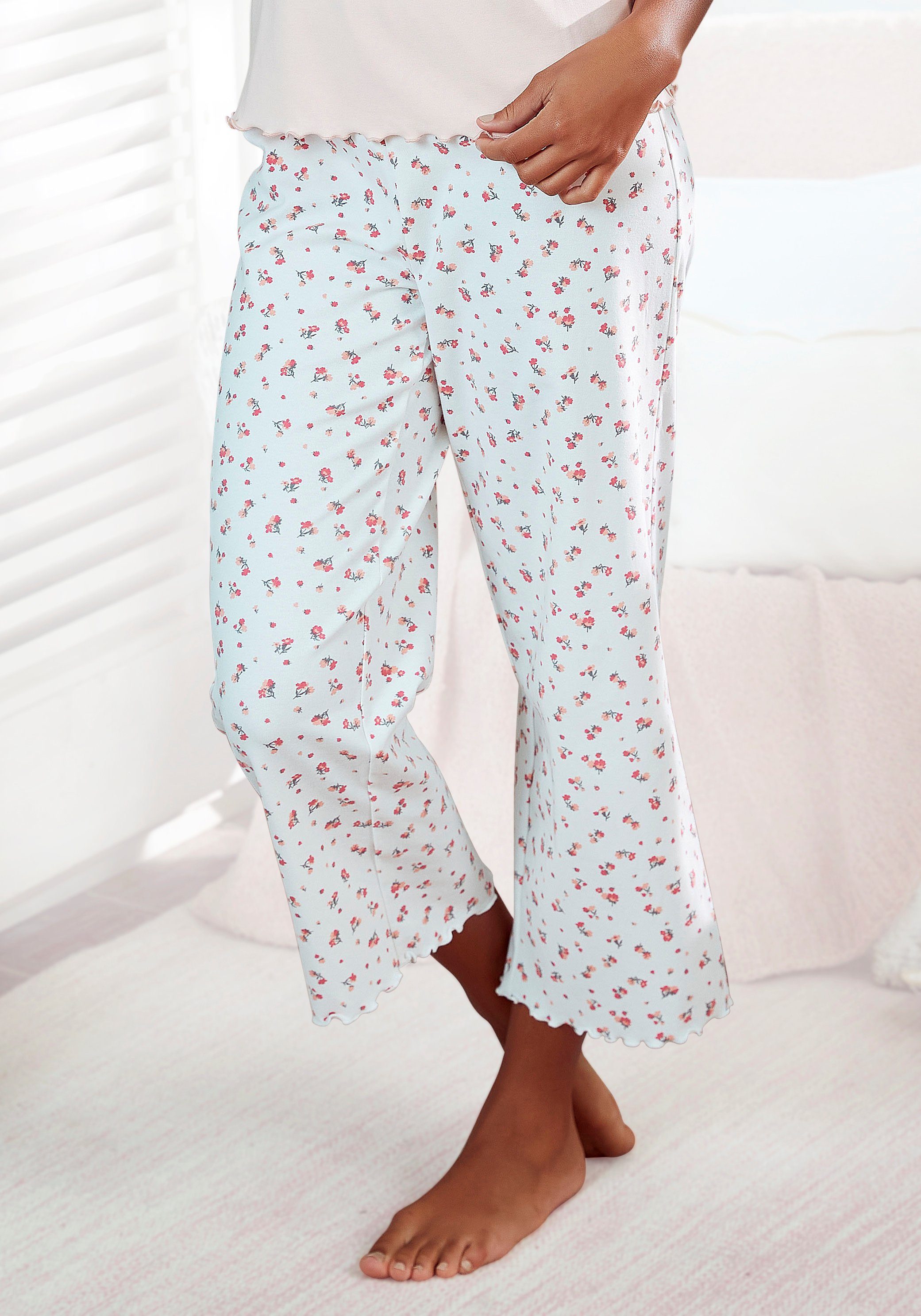 Damen Schlafhose 3/4 Pyjamahose - Weiche Heimhose Mit Taschen & Elastischer Taille