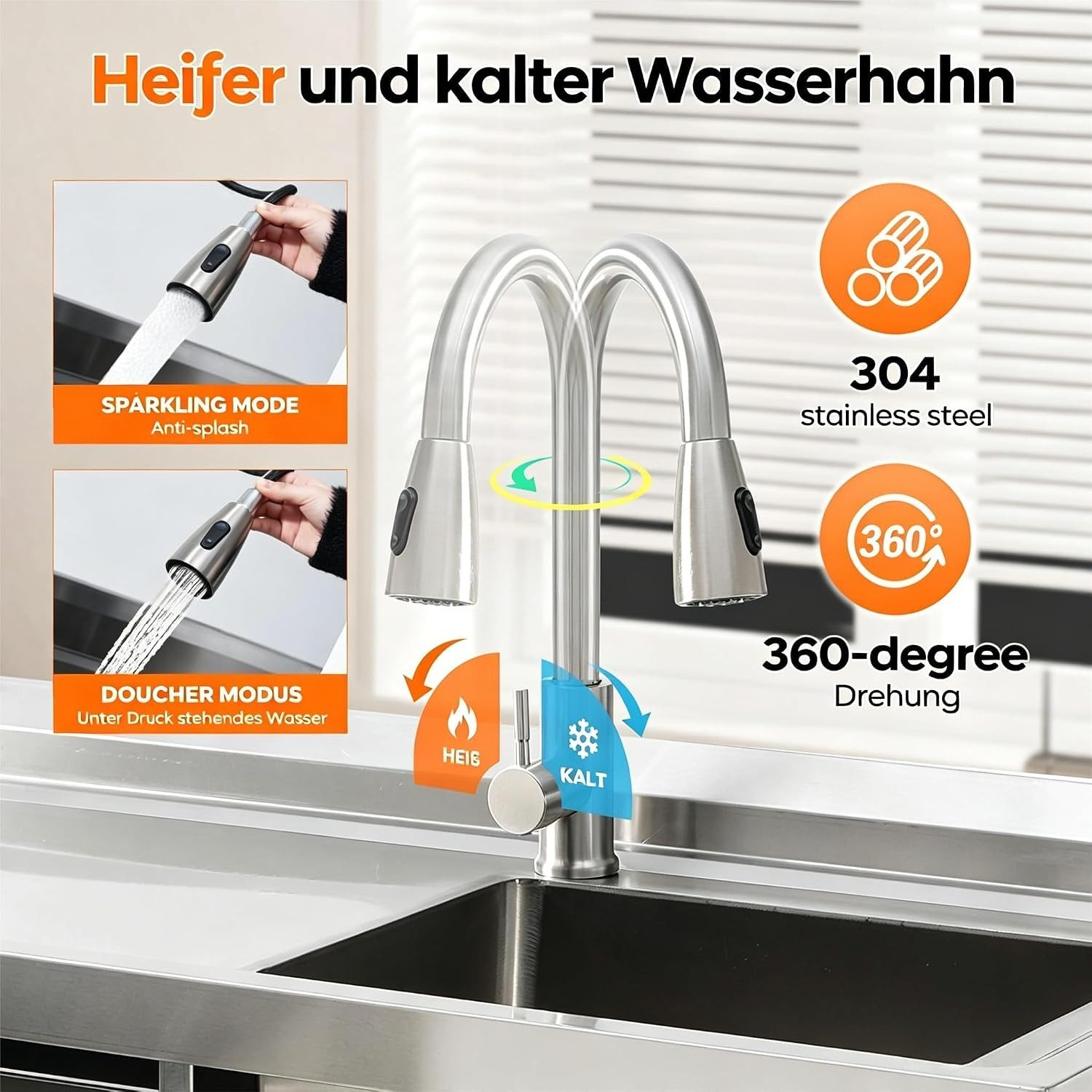 GarveeMore Küchenspüle Edelstahl Spültisch 99x36x84cm,Freistehende Küchenspüle 1 Becken, Gewerbliche Spülbecken Mit Wasserhahn Kalt Und Warmwasserschläuchen – Bild 3 von 5