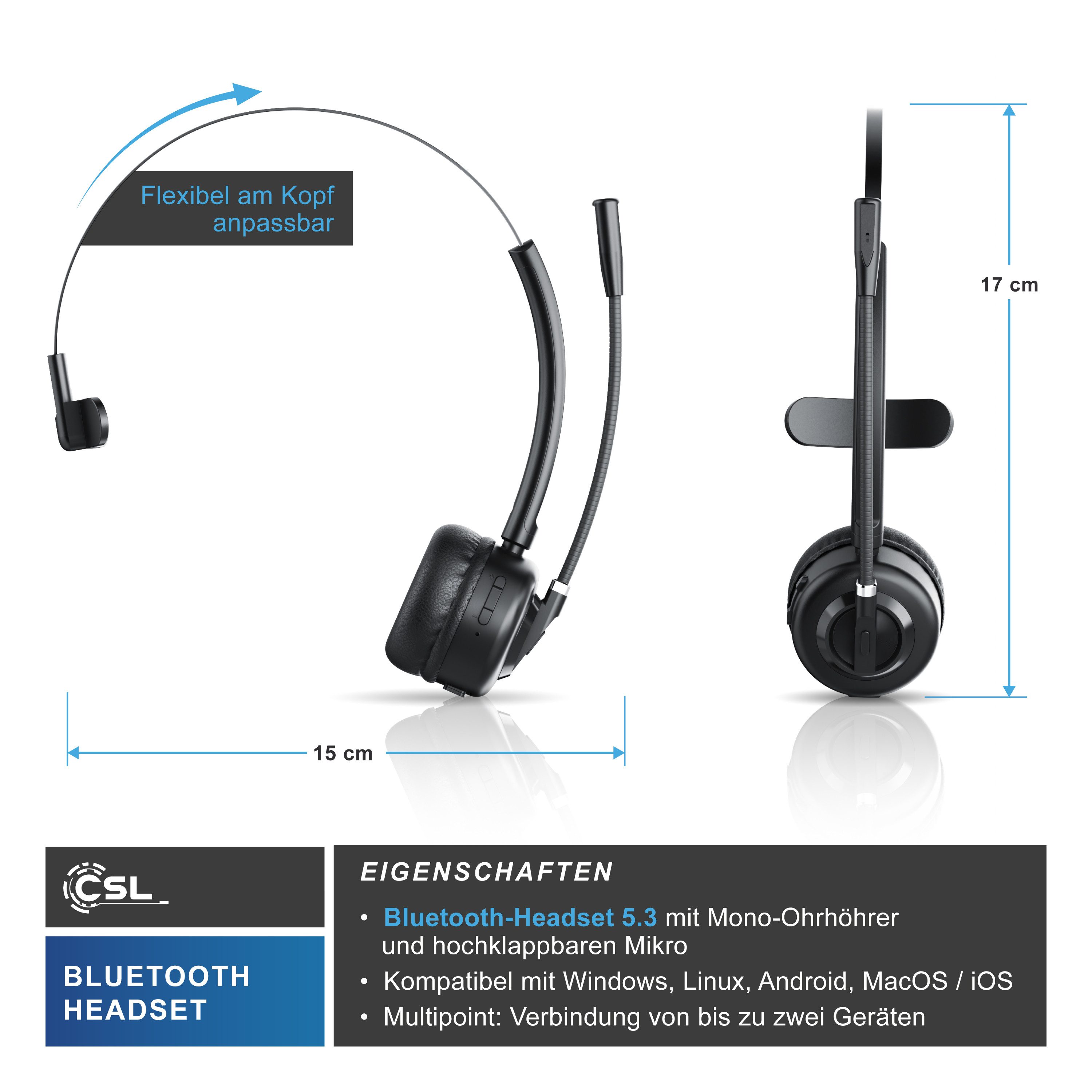 CSL Bluetooth Headset, BT 5.3, Mikrofon, Wireless-Headset (Bluetooth, Kopfhörer mit Ladestation, Noise Cancel & Multipoint)