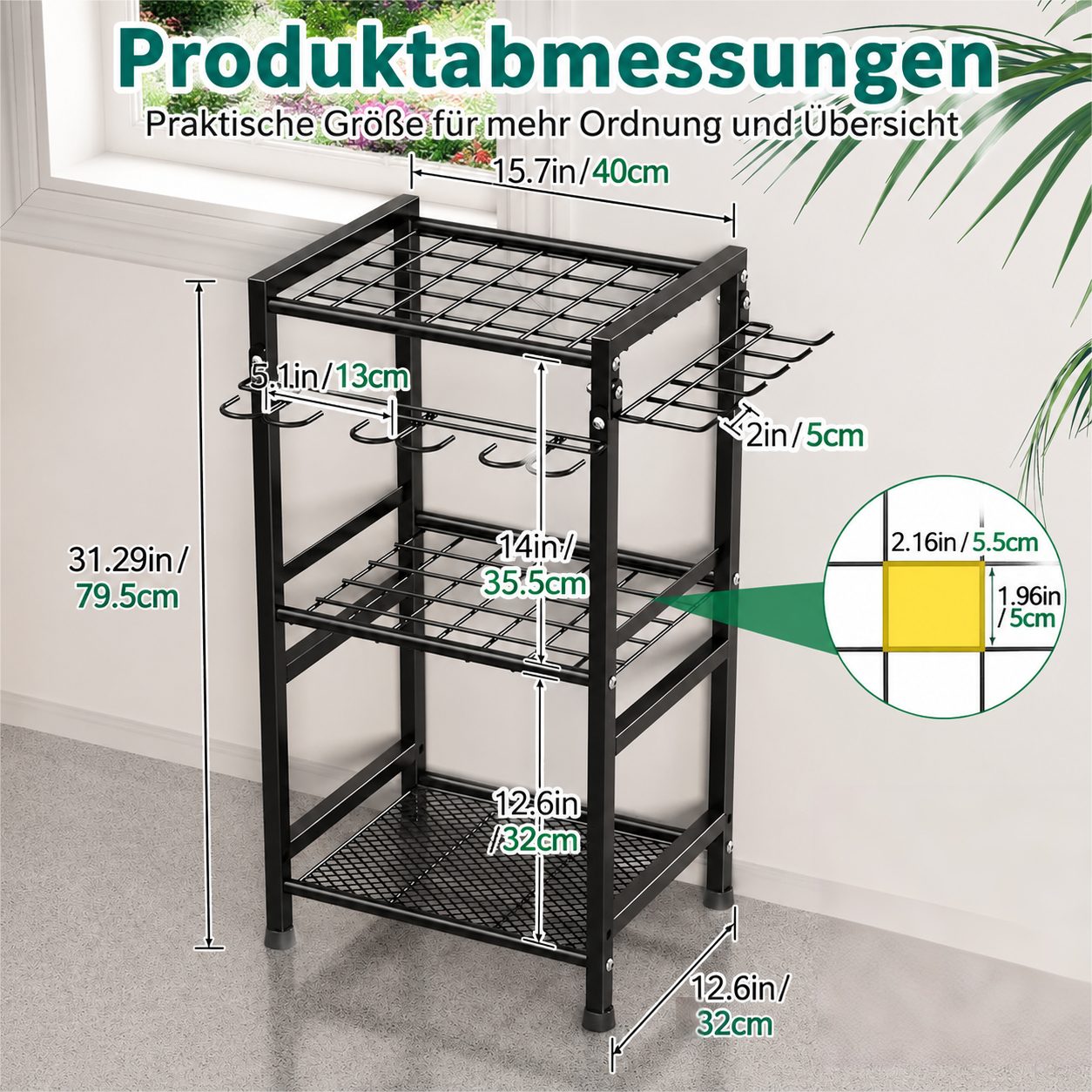 Toomoke Gartengerätehalter Gartenwerkzeug-Organizer, Werkzeugständer, (Geräteständer mit Haken, Aufbewahrungsregal für Garage & Garten, 3-Ebenen-System mit vers – Bild 2 von 5