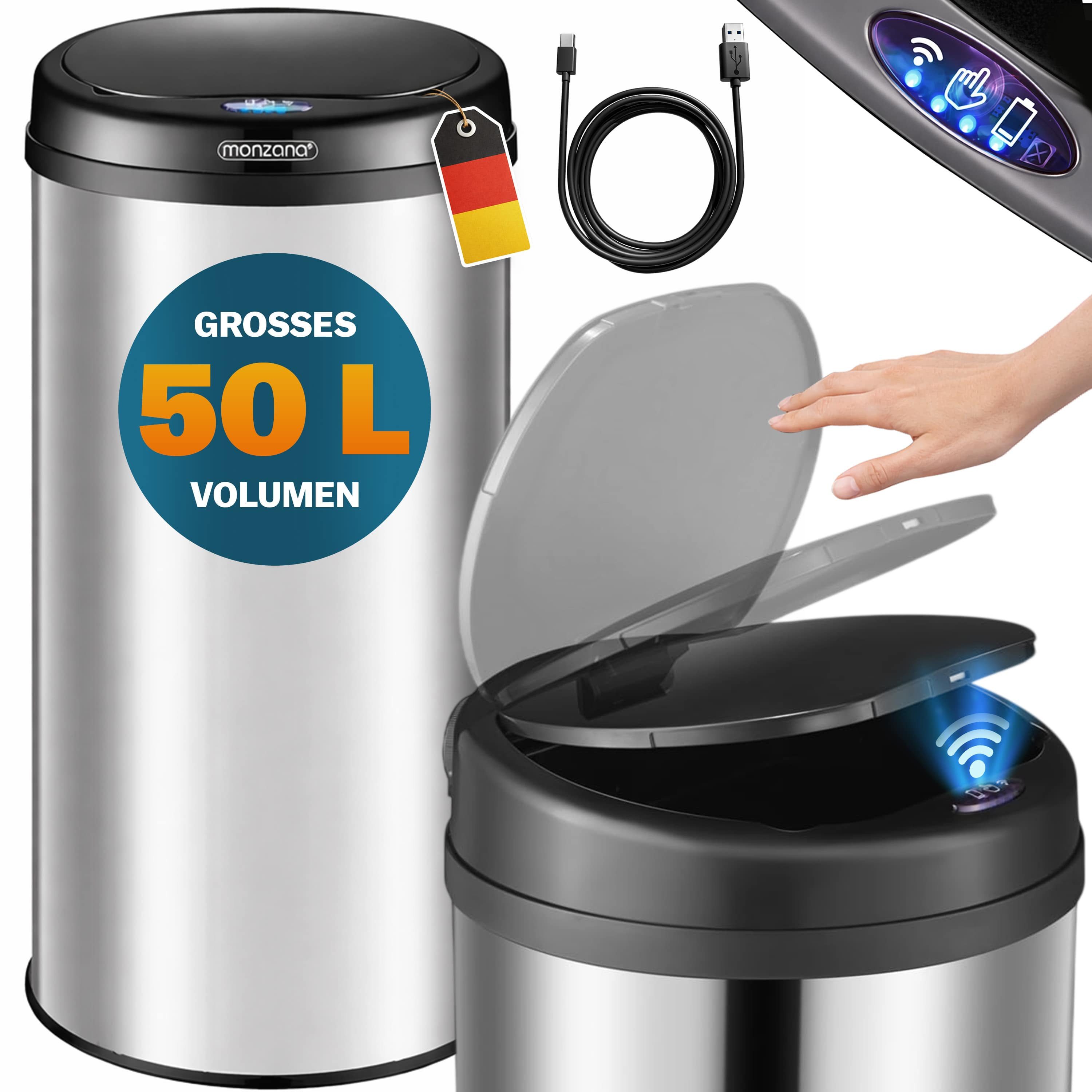 monzana Mülleimer, 50 L Automatik Sensor Mülleimer LED Display Müllbehälter berührungslos