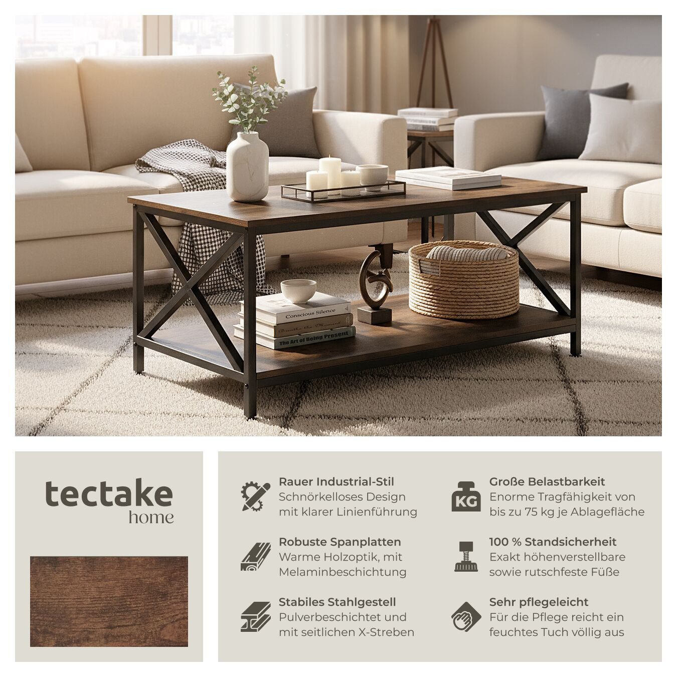 tectake Couchtisch Beistelltisch Pittsburgh 100x55x45,5cm (1-St., 1 tlg), T günstig online kaufen