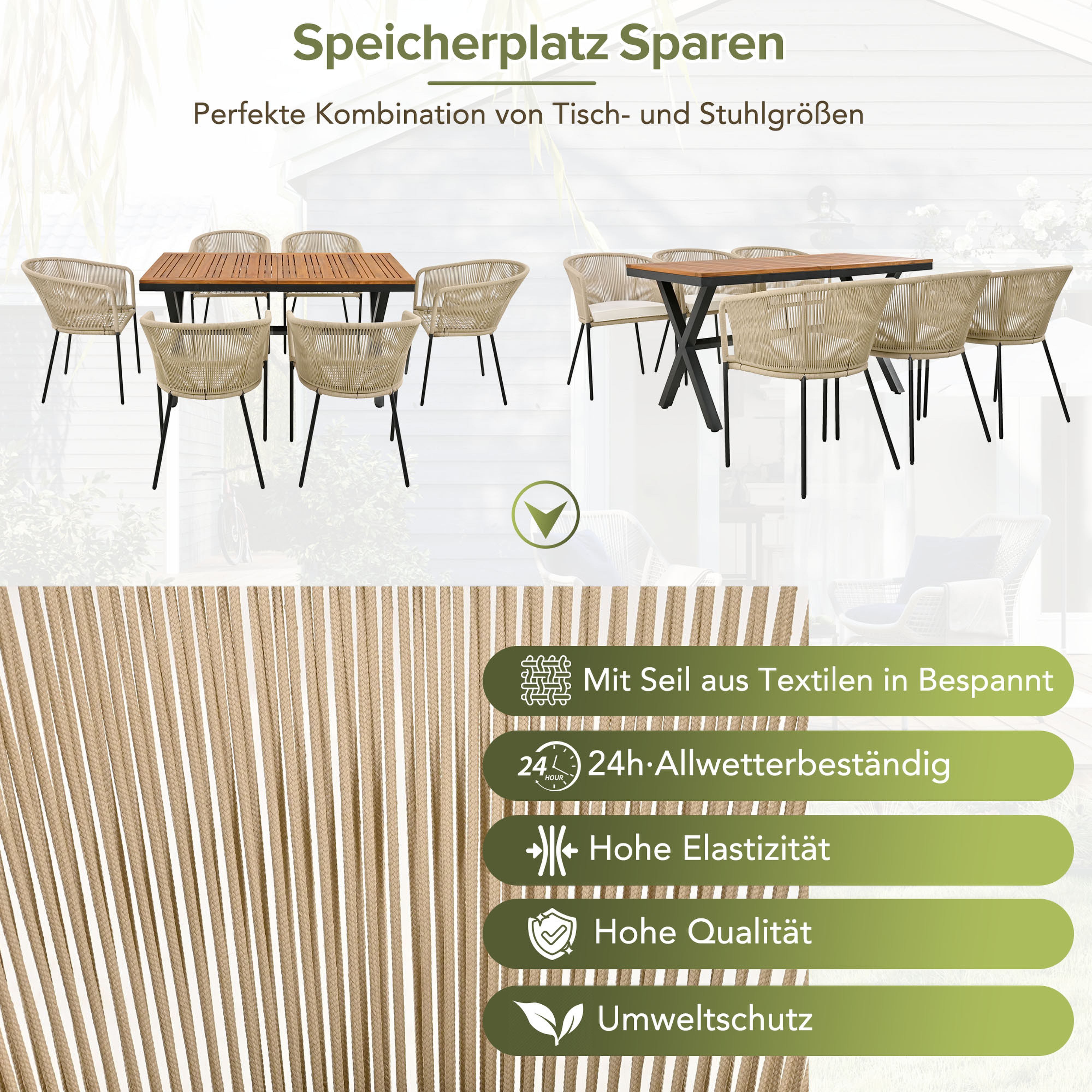 BlingBin Gartenlounge-Set Garten-Essgruppe, Garten-Lounge-Set aus Seil, für 6 Personen, (6 Sessel und 1 Tisch, Tisch aus Akazienholz, 7-tlg., Tragendes Gewicht: 160kg/Einzelplatz, 80kg/Tisch, Beige), Mit Fußpolstern und Sechs Sitzkissen, Abnehmbar und Waschbar, Beige