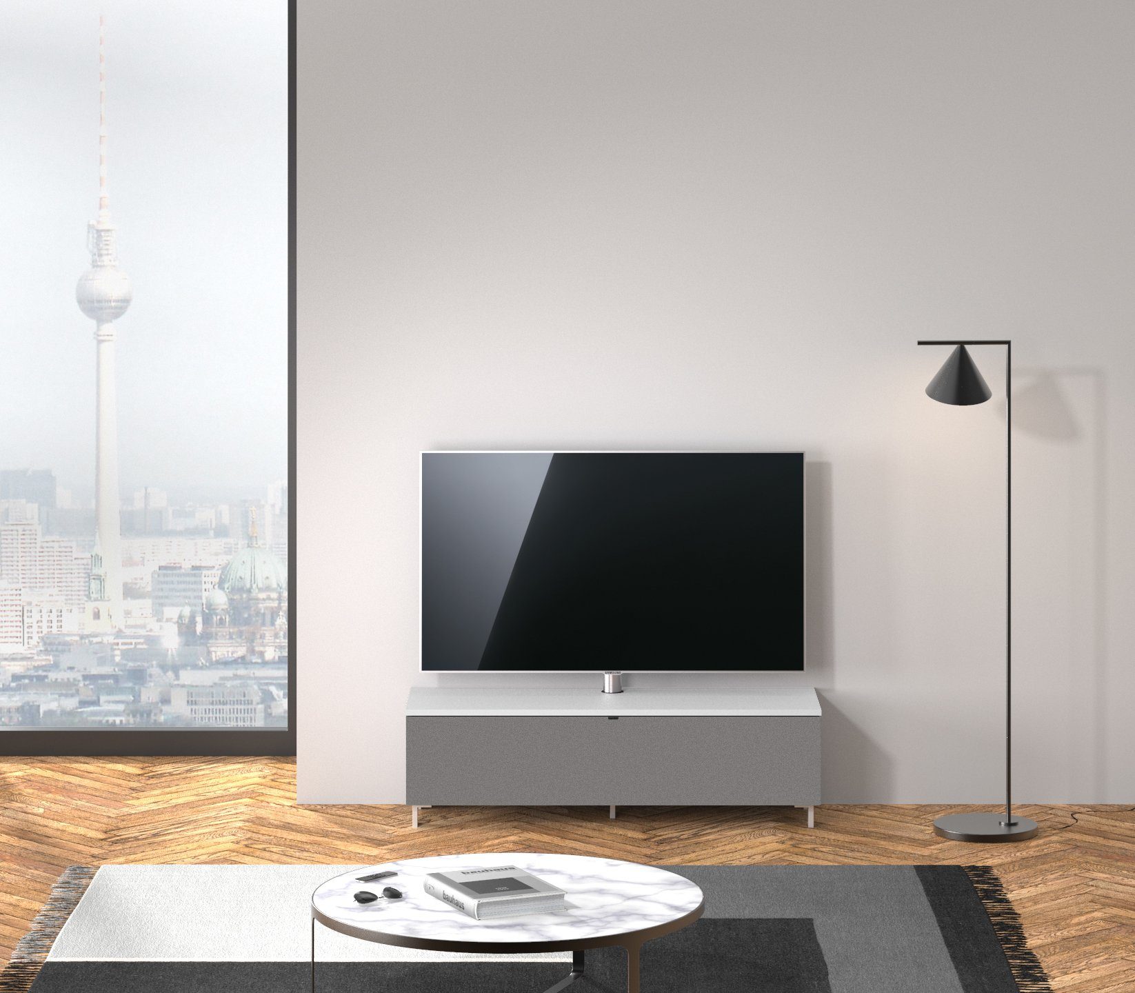 JUST by Spectral TV-Board Lowboard JRB Just.Basic mit Stoffklappe. Deckplatte und Außenseiten mit robuster, matter Oberfläche. (Optional mit TV-Halterung und Universal Soundbar Ablage. Das Lowboard mit 130cm Breite ist ideal für TV bis 58''. Auf einem Lowboard mit 160cm kommen TV bis 70'' sehr gut zur Geltung)