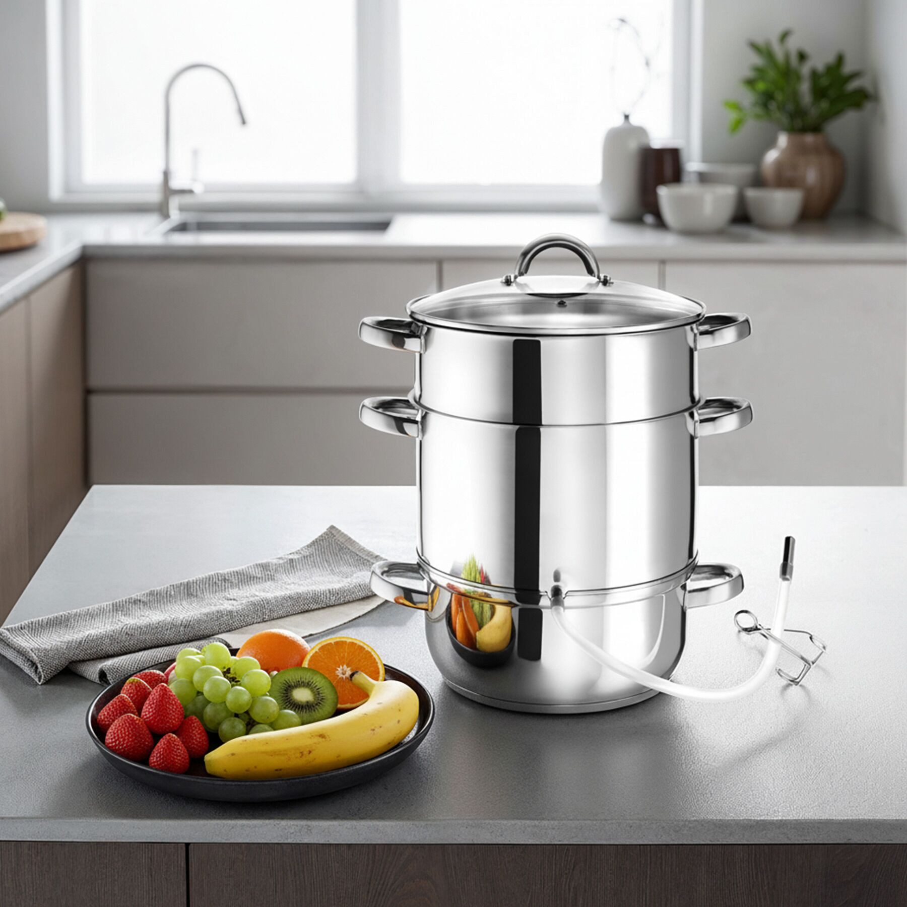 tectake Entsafter 7-tlg. Dampf-Saftbereiter Ø 26 cm aus Edelstahl, mit Glasdeckel, 0 W, 15 Liter, für Obst und Gemüse, induktionsgeeignet, spülmaschinenfest
